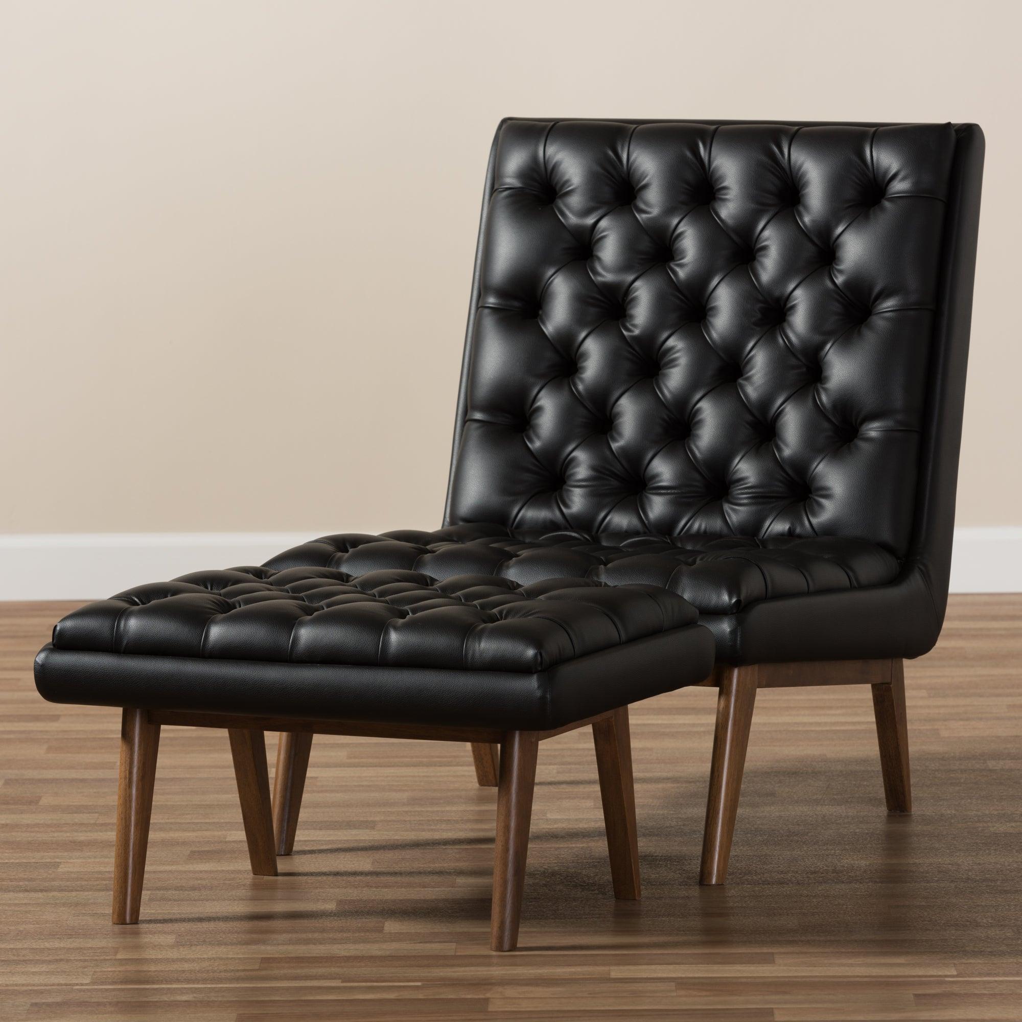 Annetha Mid-Century Modern Faux Leather Upholstered Finished Wood Chair And Ottoman Set