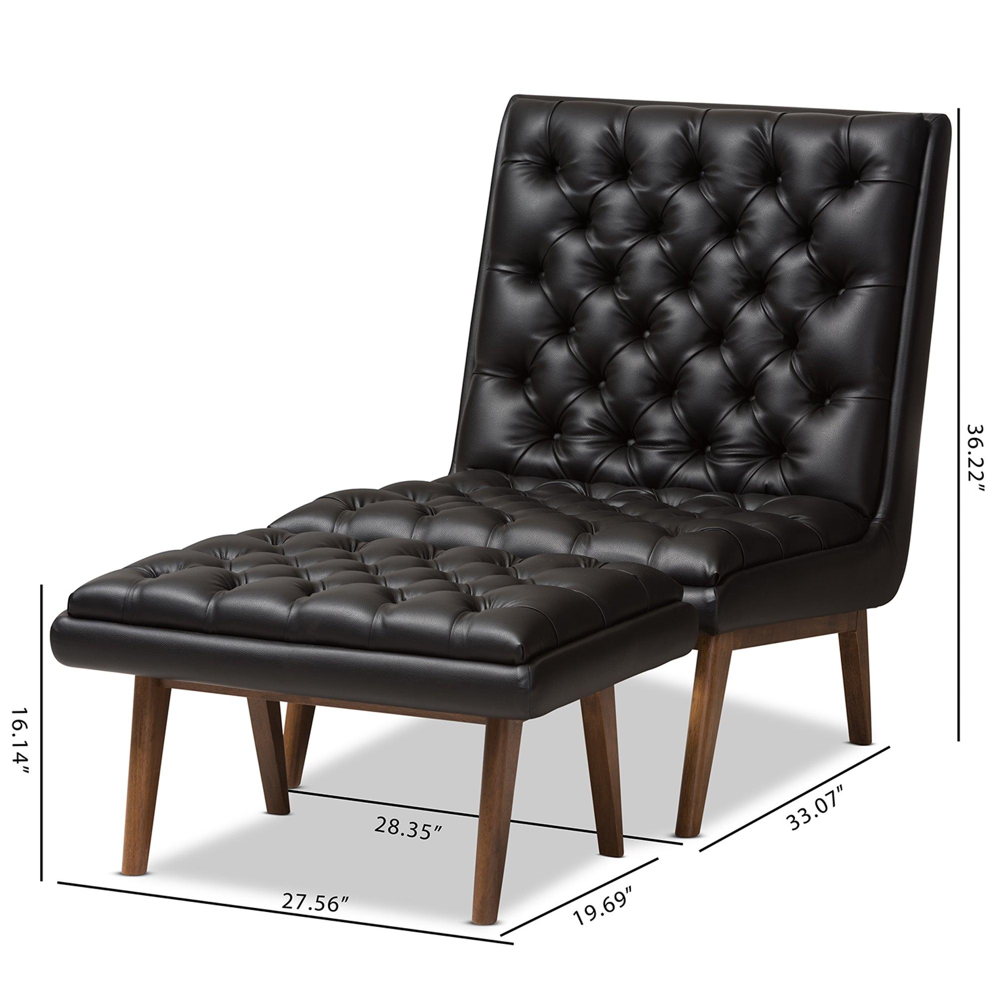 Annetha Mid-Century Modern Faux Leather Upholstered Finished Wood Chair And Ottoman Set
