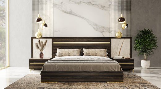 Velondra Modern Eucalypto and Marble Bed with Two Nightstands