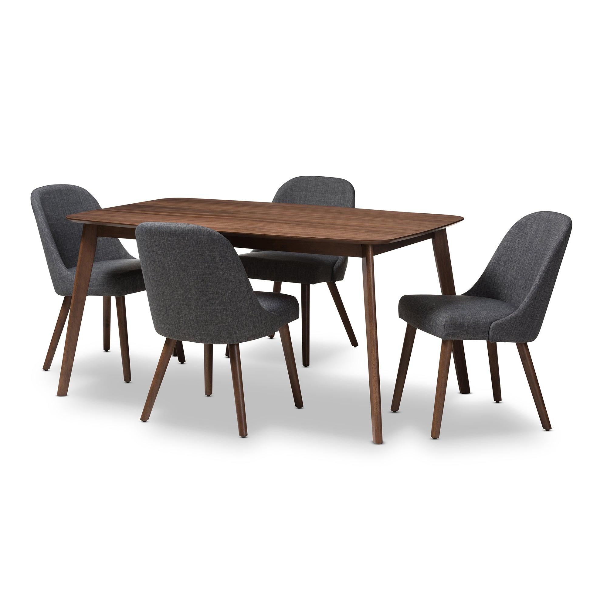Cody Mid-Century Modern Dark Fabric Upholstered Finished Wood 5-Piece Dining Set