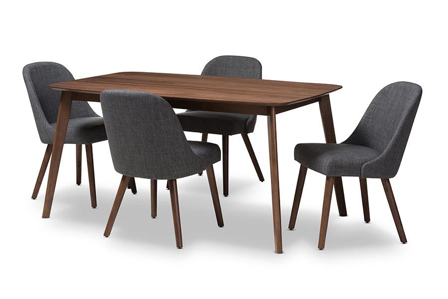 Cody Mid-Century Modern Dark Fabric Upholstered Finished Wood 5-Piece Dining Set