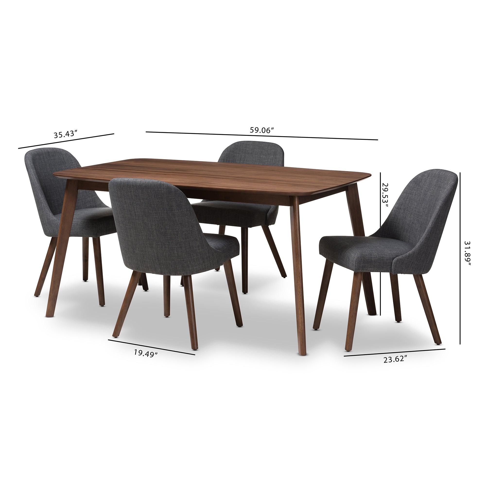 Cody Mid-Century Modern Dark Fabric Upholstered Finished Wood 5-Piece Dining Set