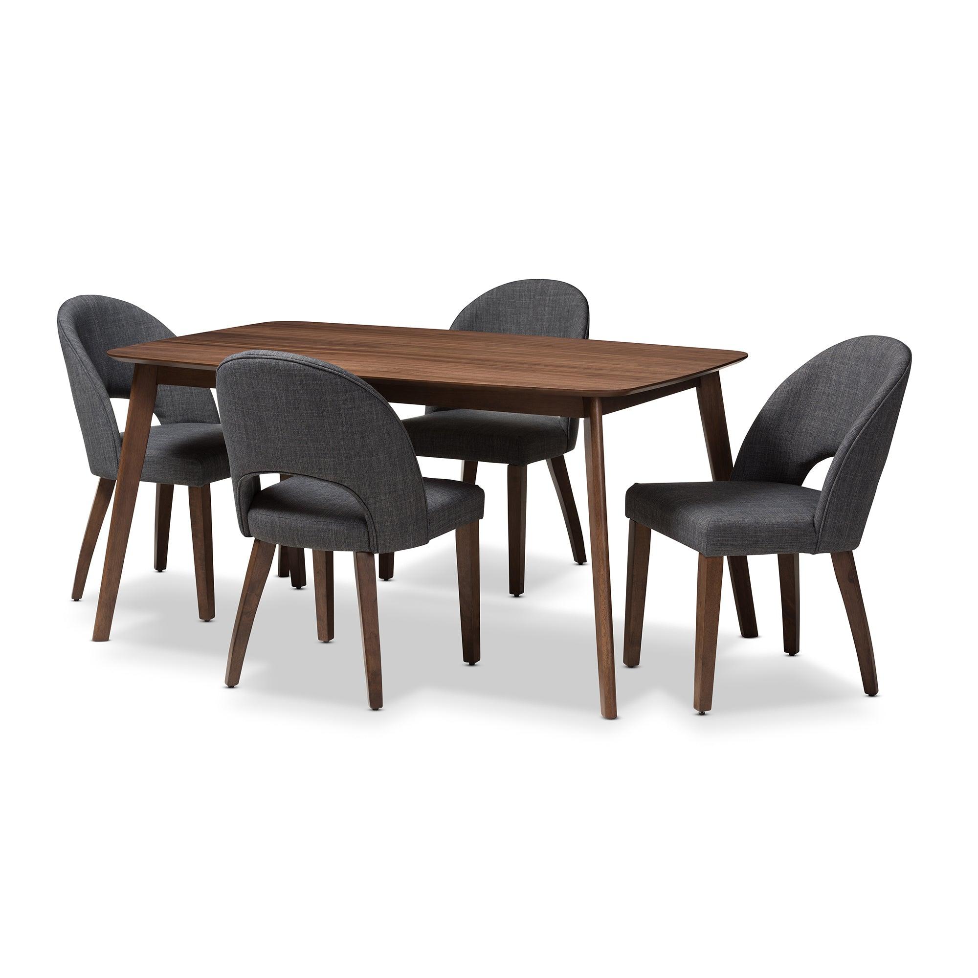 Wesley Mid-Century Modern Dark Fabric Upholstered Finished Wood 5-Piece Dining Set