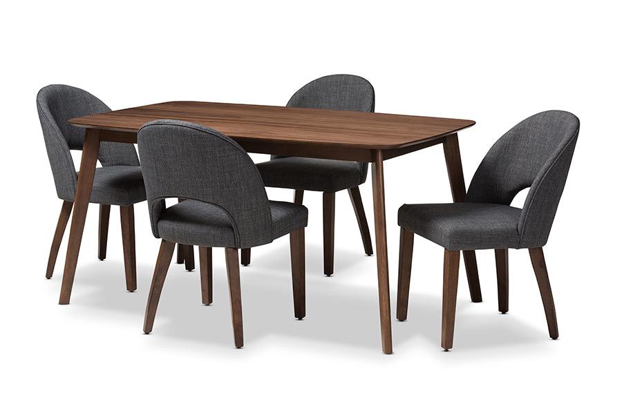 Wesley Mid-Century Modern Dark Fabric Upholstered Finished Wood 5-Piece Dining Set
