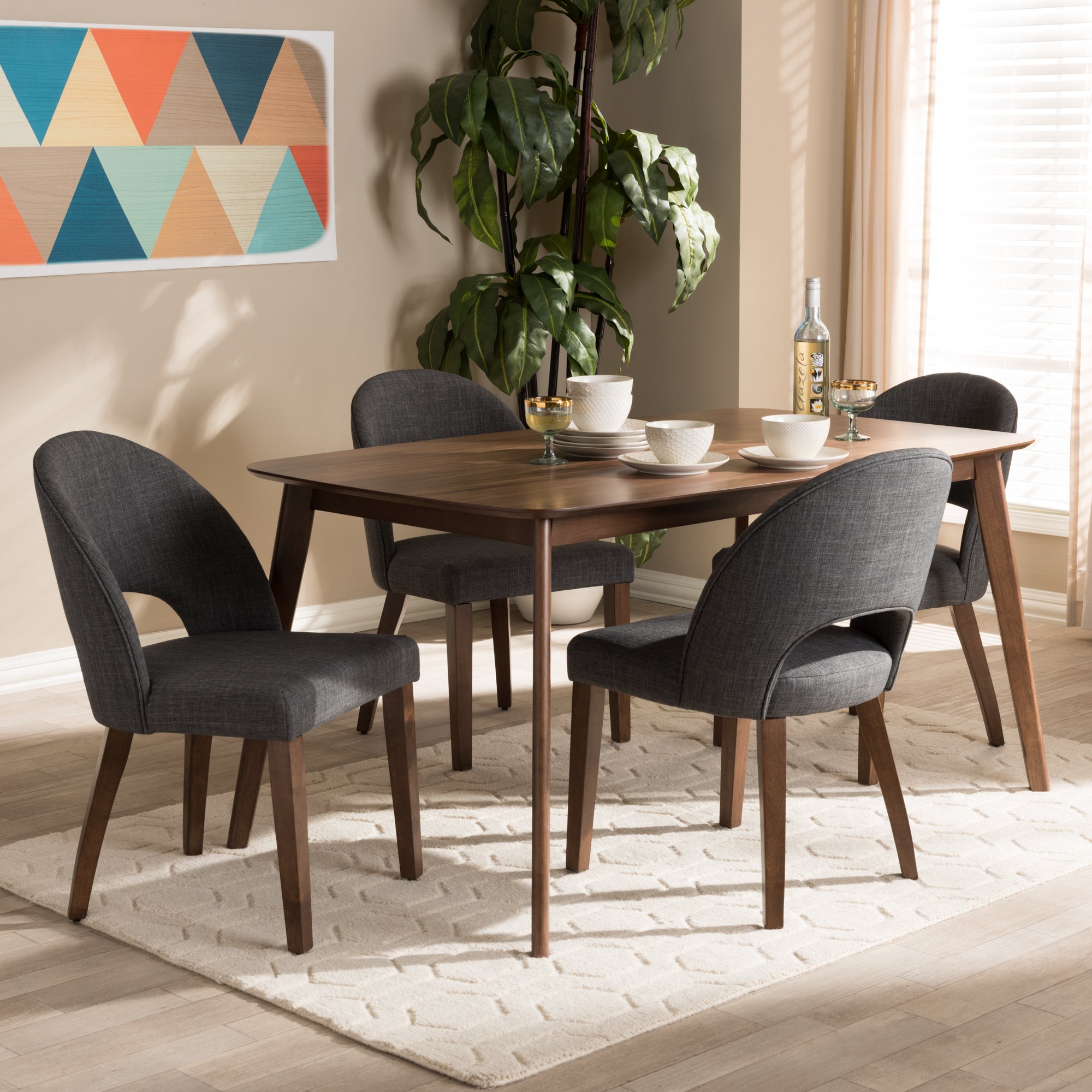 Wesley Mid-Century Modern Fabric Upholstered Finished Wood 5-Piece Dining Set