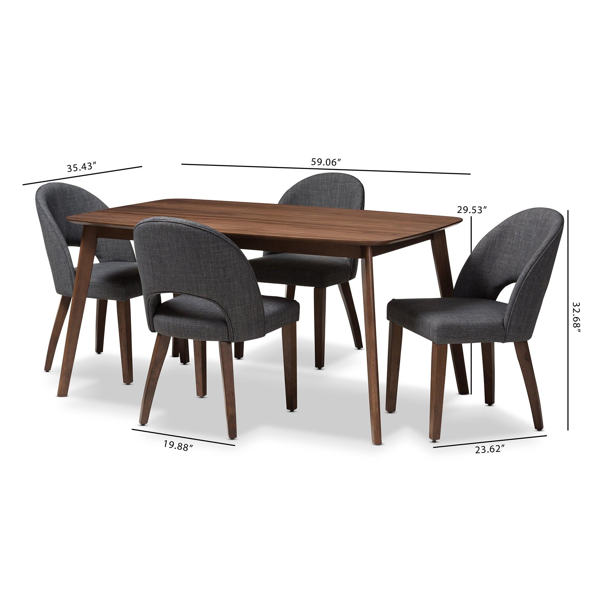 Wesley Mid-Century Modern Dark Fabric Upholstered Finished Wood 5-Piece Dining Set