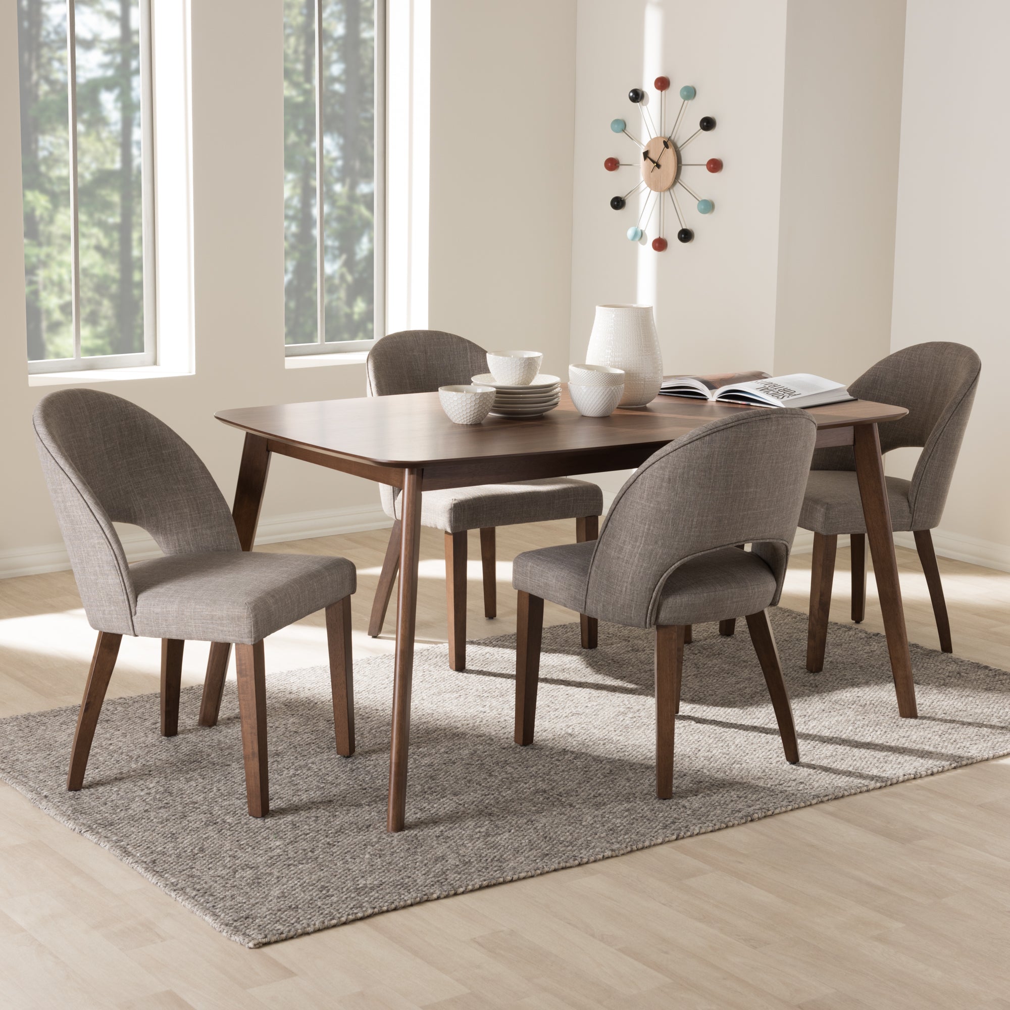 Wesley Mid-Century Modern Fabric Upholstered Finished Wood 5-Piece Dining Set