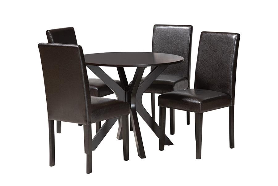 Asli Modern Espresso Faux Leather and Wood 5-Piece Dining Set