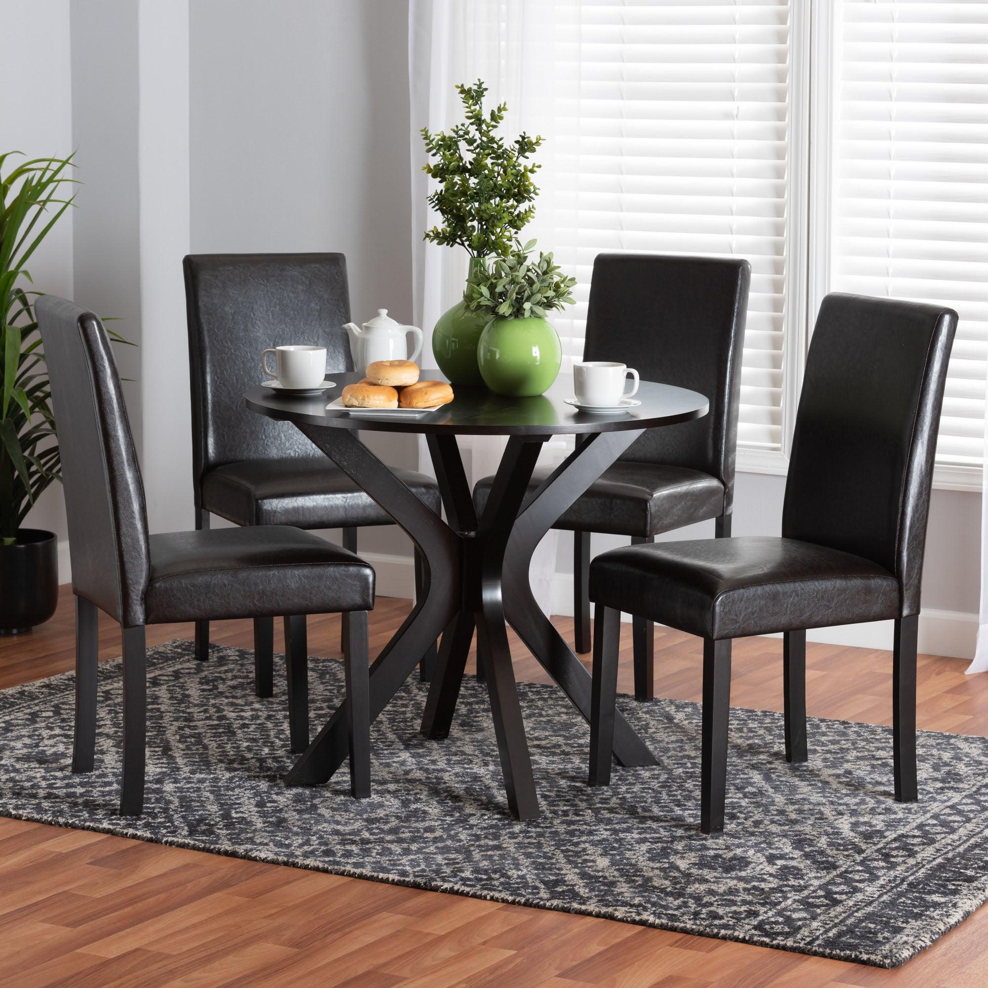Asli Modern Espresso Faux Leather and Wood 5-Piece Dining Set