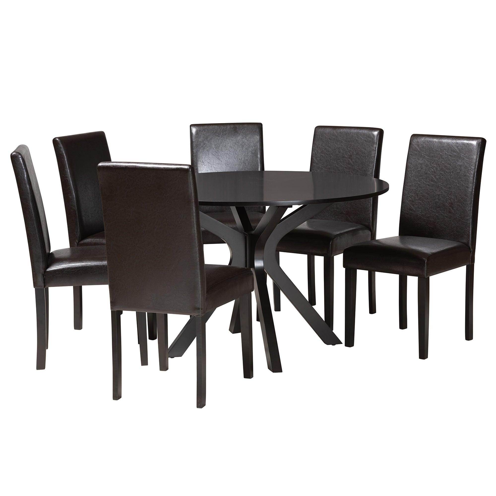 Asli Modern Espresso Faux Leather and Wood 7-Piece Dining Set