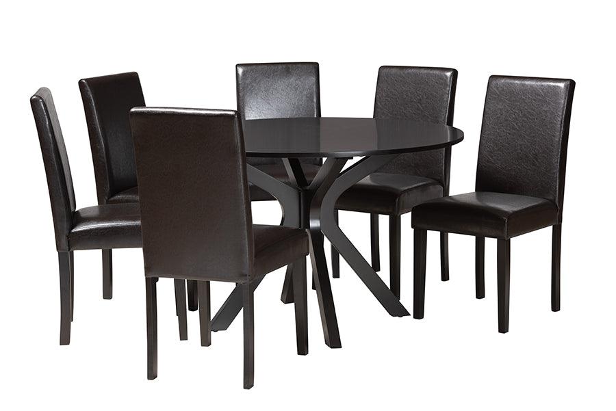 Asli Modern Espresso Faux Leather and Wood 7-Piece Dining Set