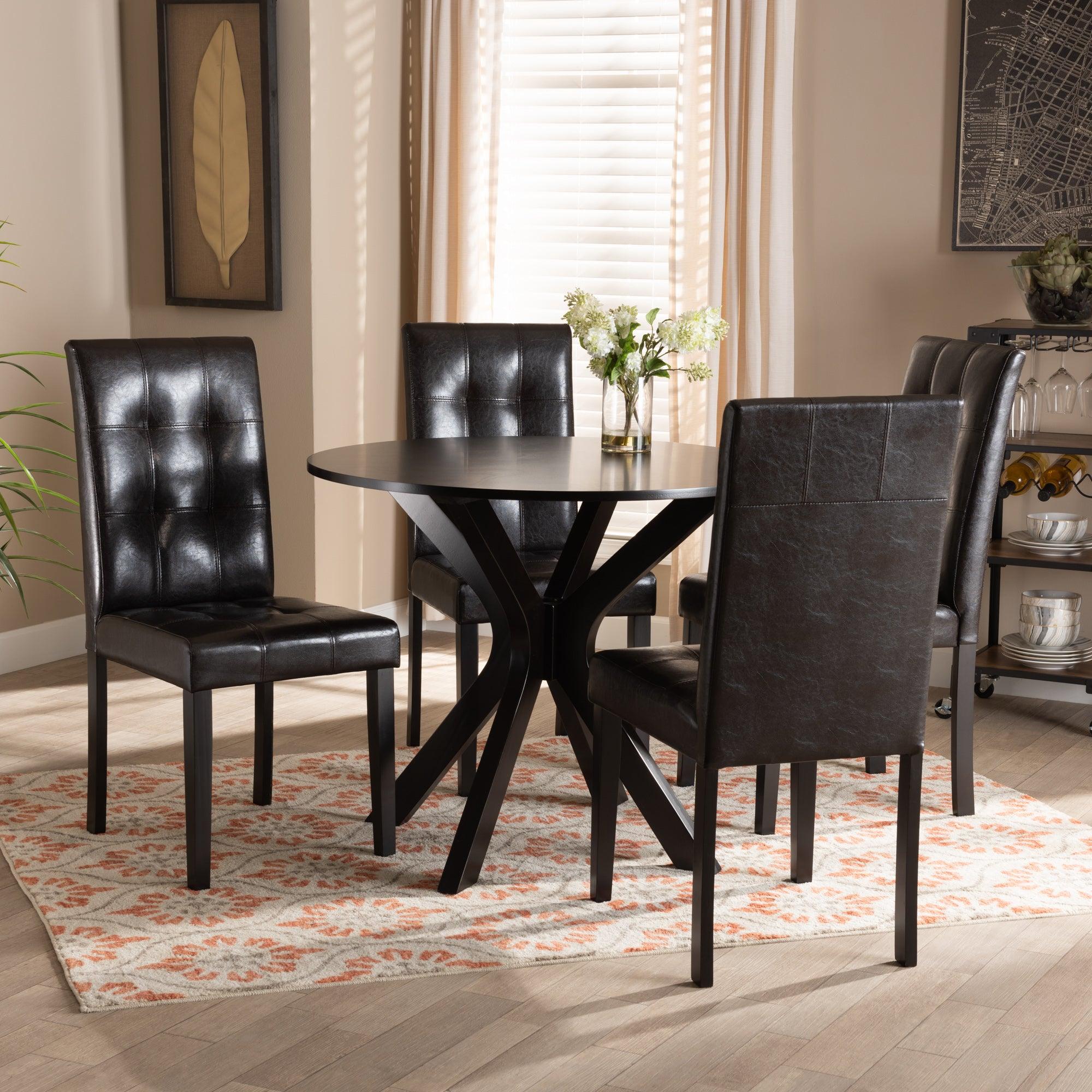 Marie Modern and Contemporary Faux Leather Upholstered and Dark brown Finished Wood 5-Piece Dining Set