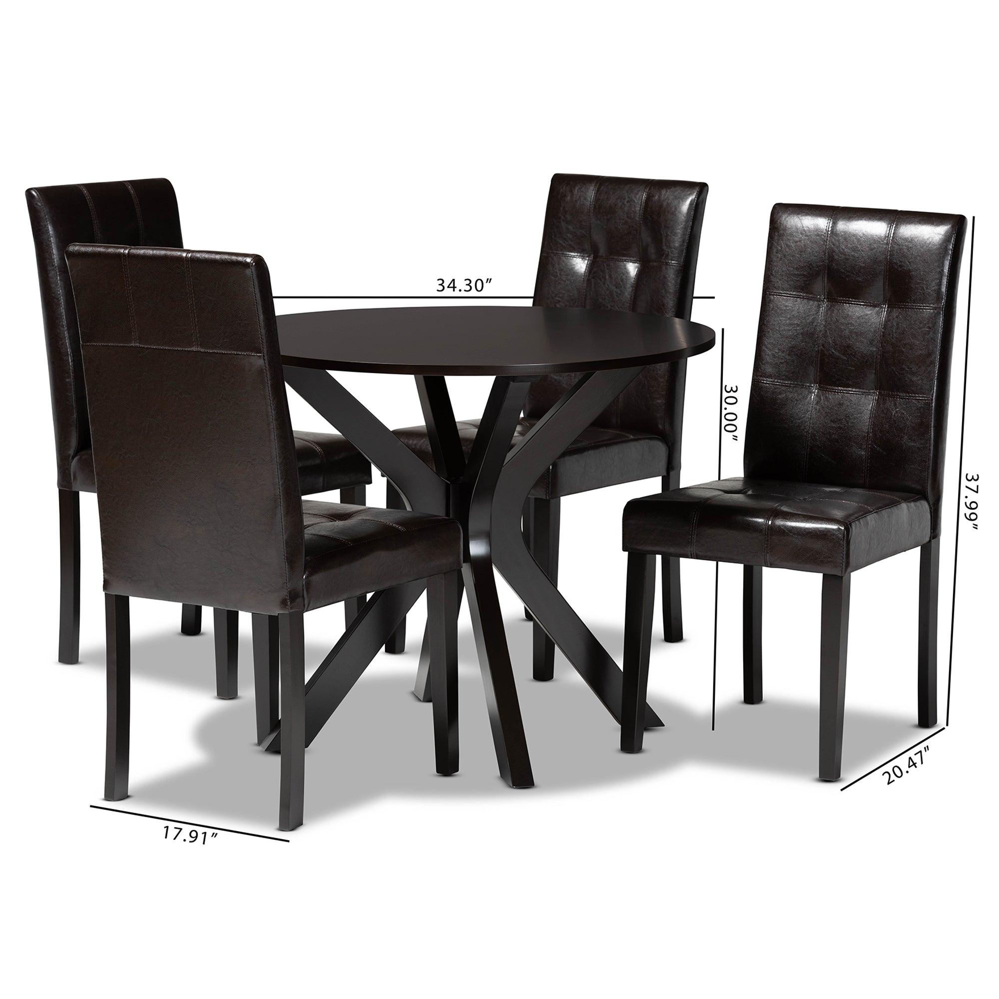 Marie Modern and Contemporary Faux Leather Upholstered and Dark brown Finished Wood 5-Piece Dining Set