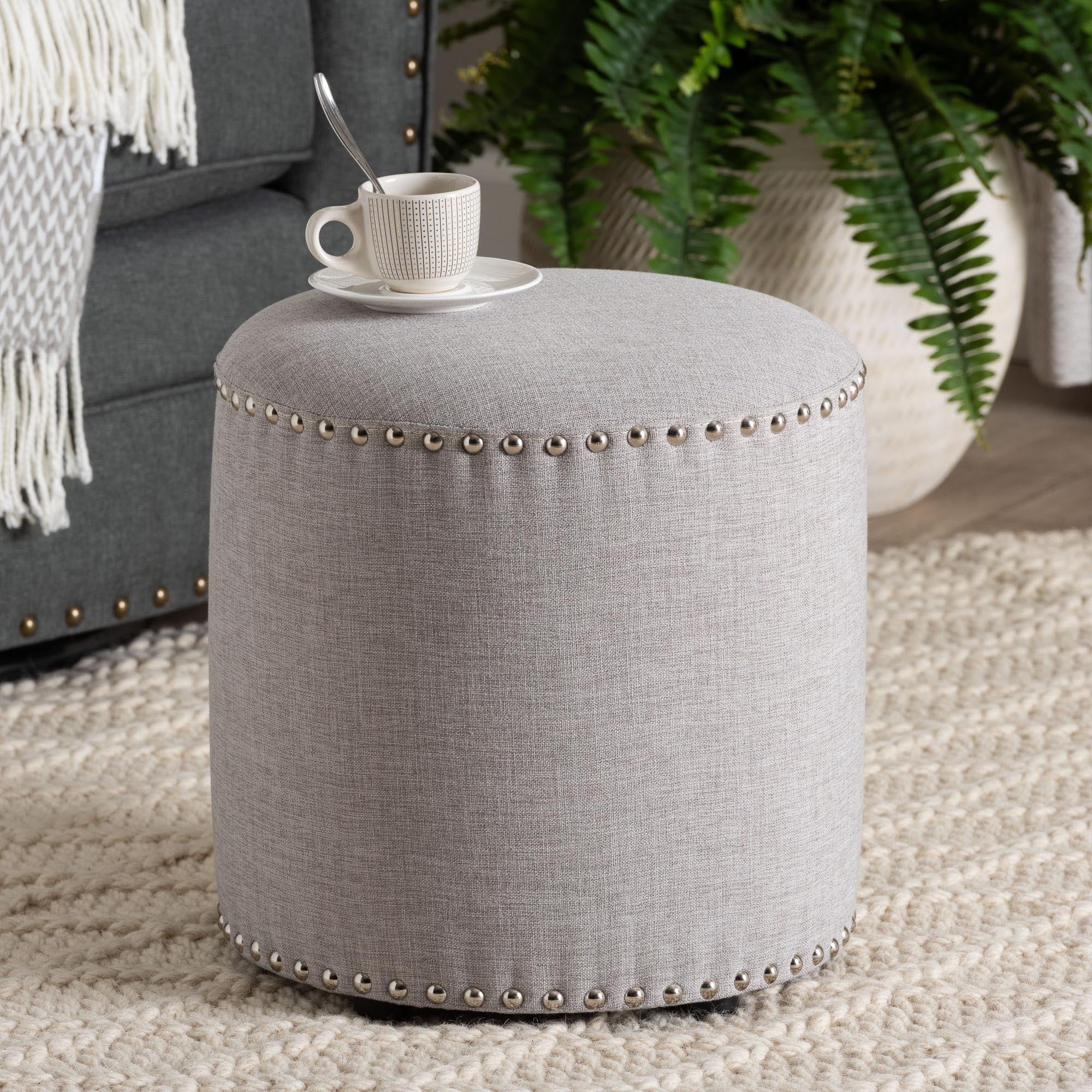 Rosine Modern and Contemporary Light Fabric Upholstered Nail Trim Ottoman