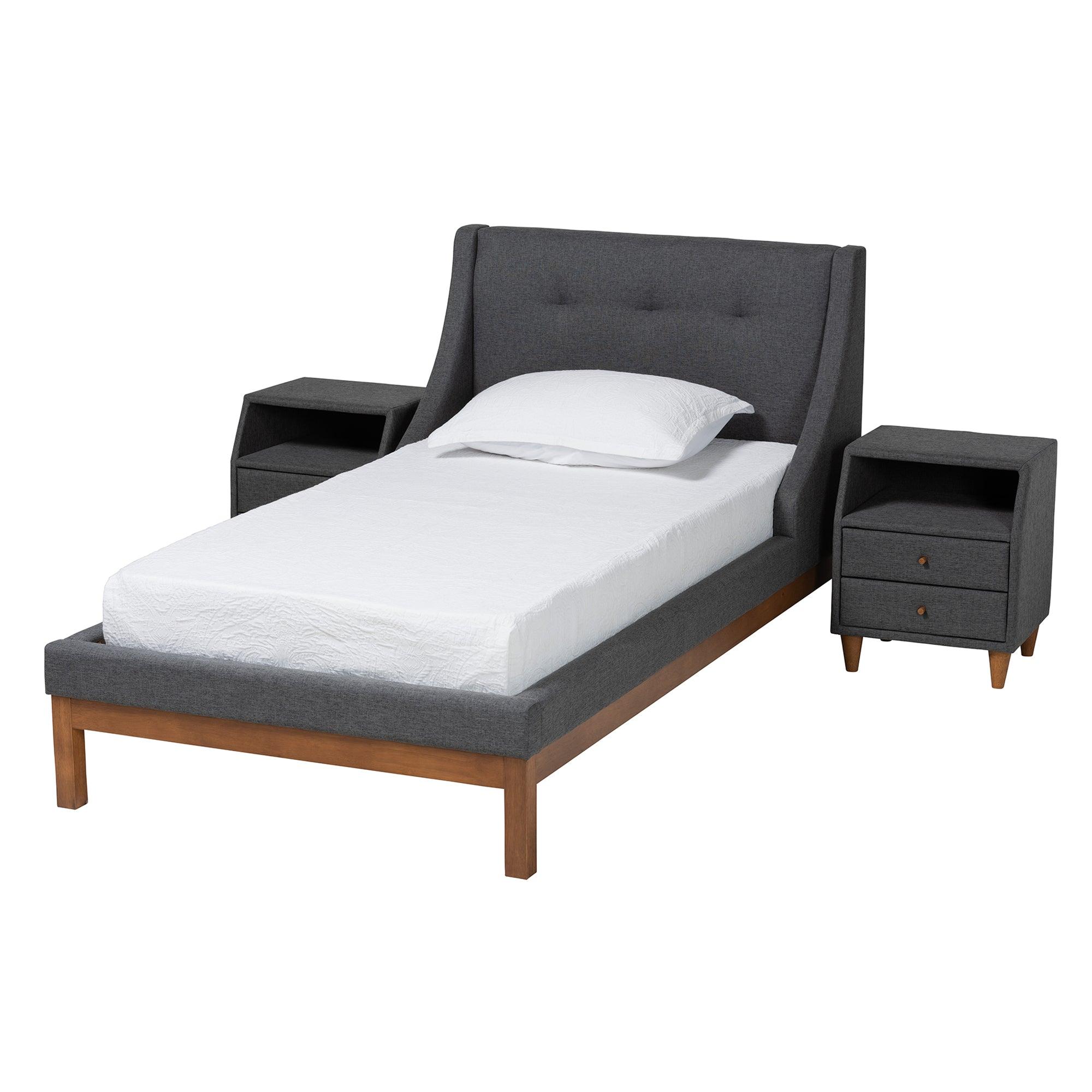 Louvain Mid-Century Modern Transitional Dark Fabric Upholstered 3-Piece Bedroom Set