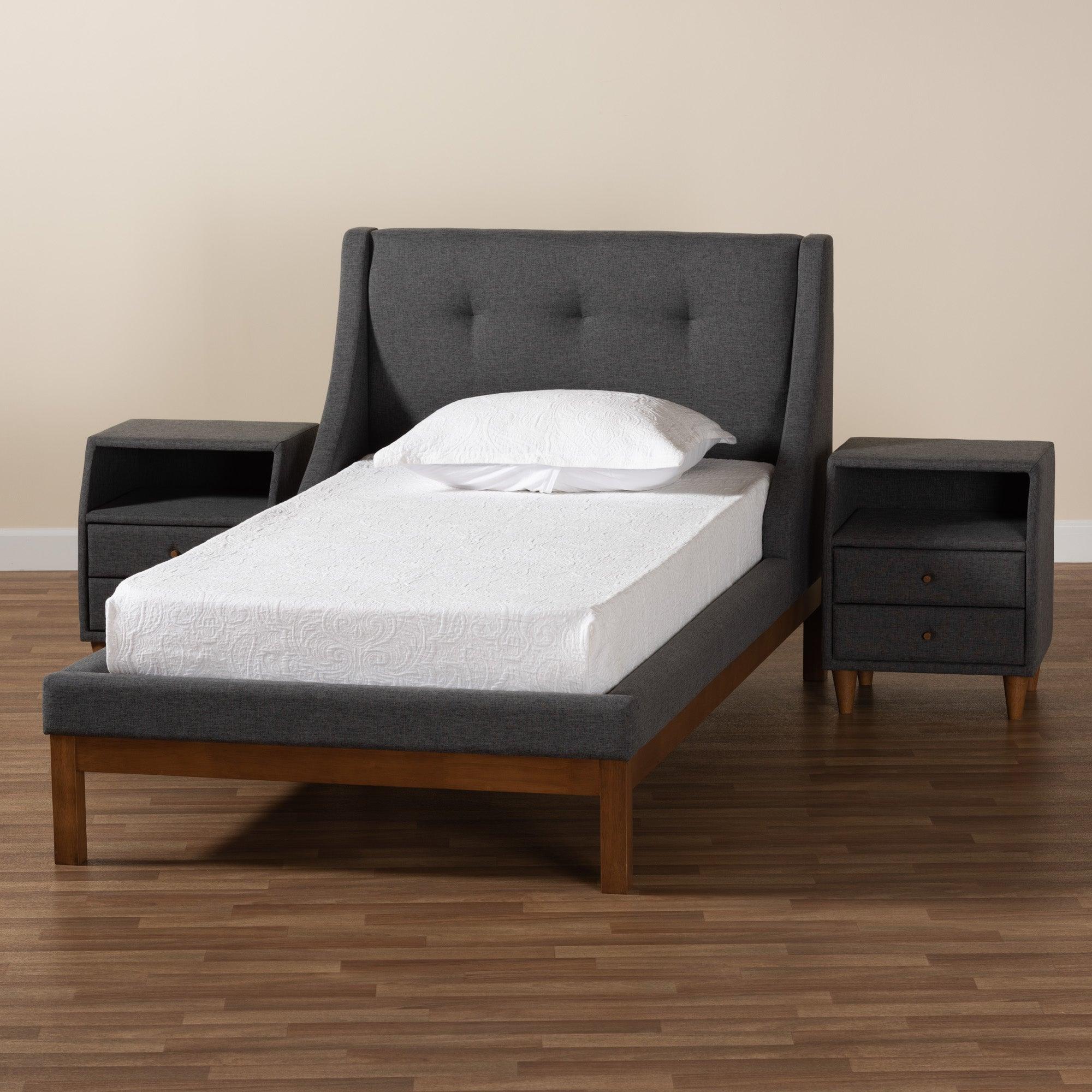 Louvain Mid-Century Modern Transitional Dark Fabric Upholstered 3-Piece Bedroom Set