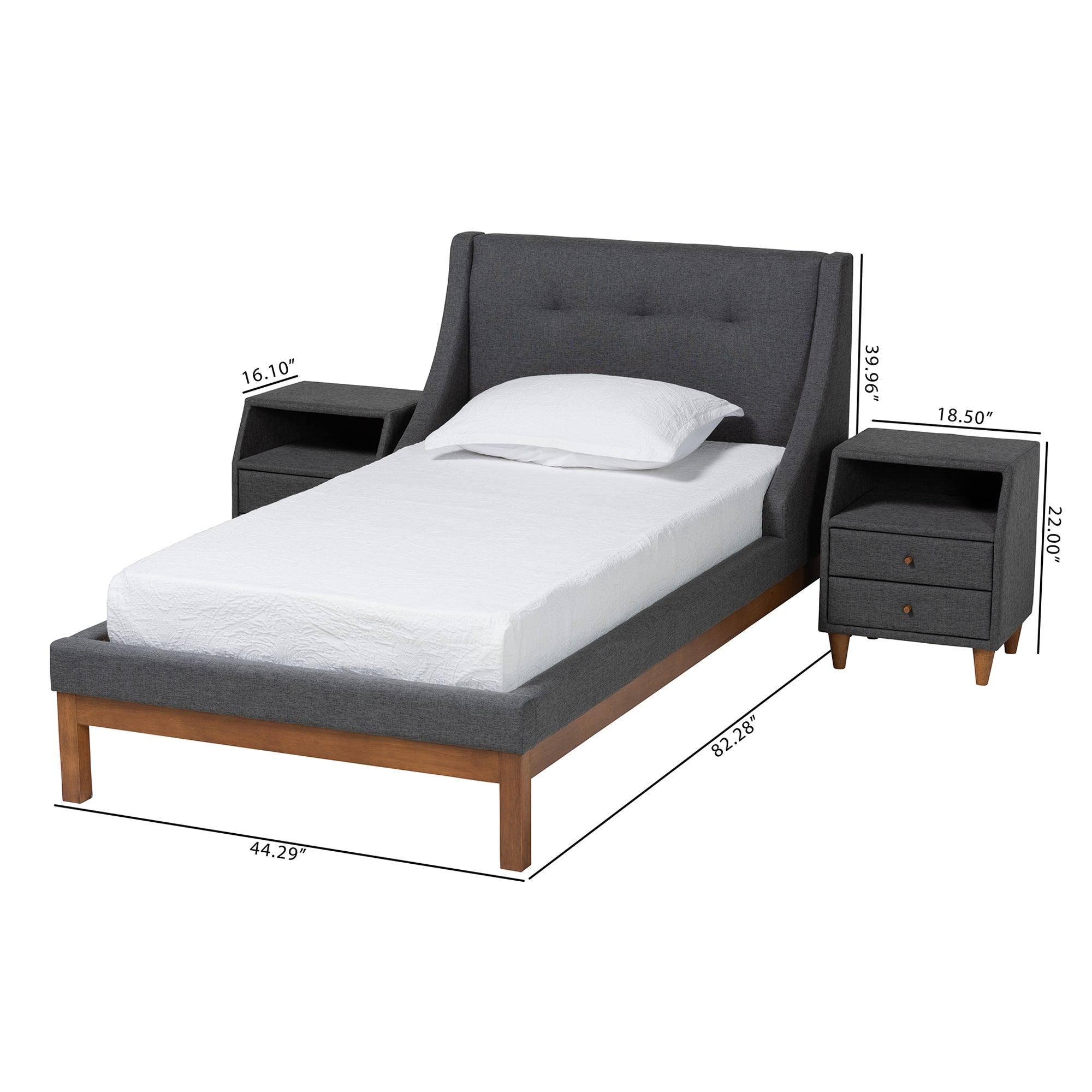 Louvain Mid-Century Modern Transitional Dark Fabric Upholstered 3-Piece Bedroom Set