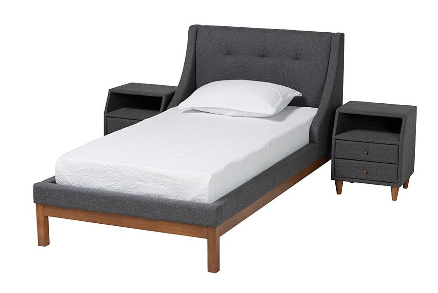 Louvain Mid-Century Modern Transitional Dark Fabric Upholstered 3-Piece Bedroom Set