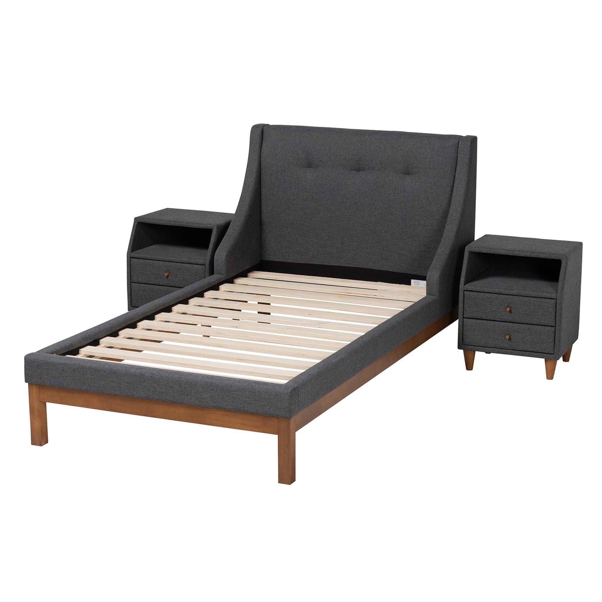 Louvain Mid-Century Modern Transitional Dark Fabric Upholstered 3-Piece Bedroom Set