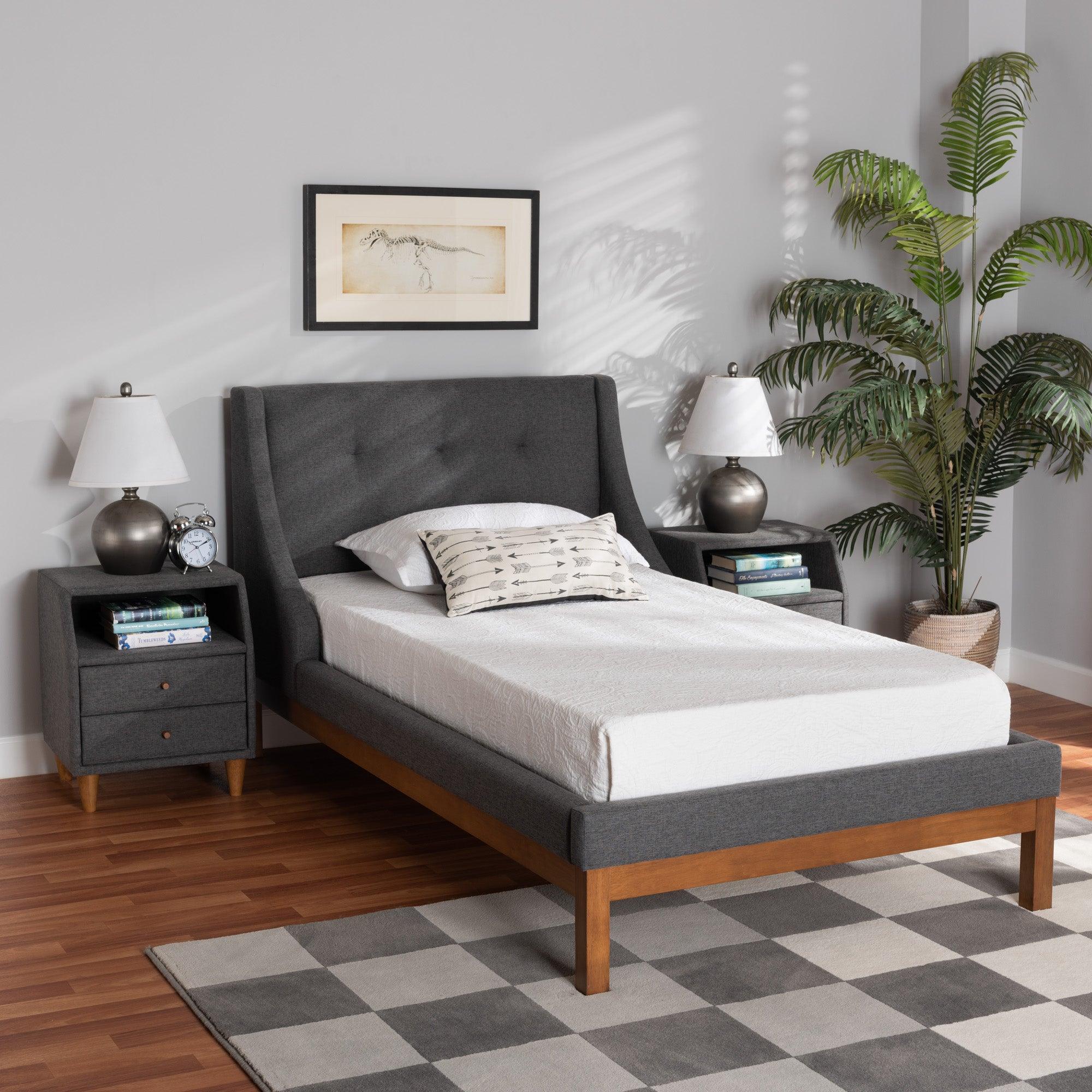 Louvain Mid-Century Modern Transitional Dark Fabric Upholstered 3-Piece Bedroom Set