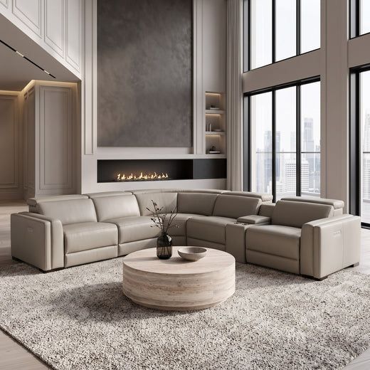 Frazier - Modern Leather Sectional Sofa with 3 Recliners and Console