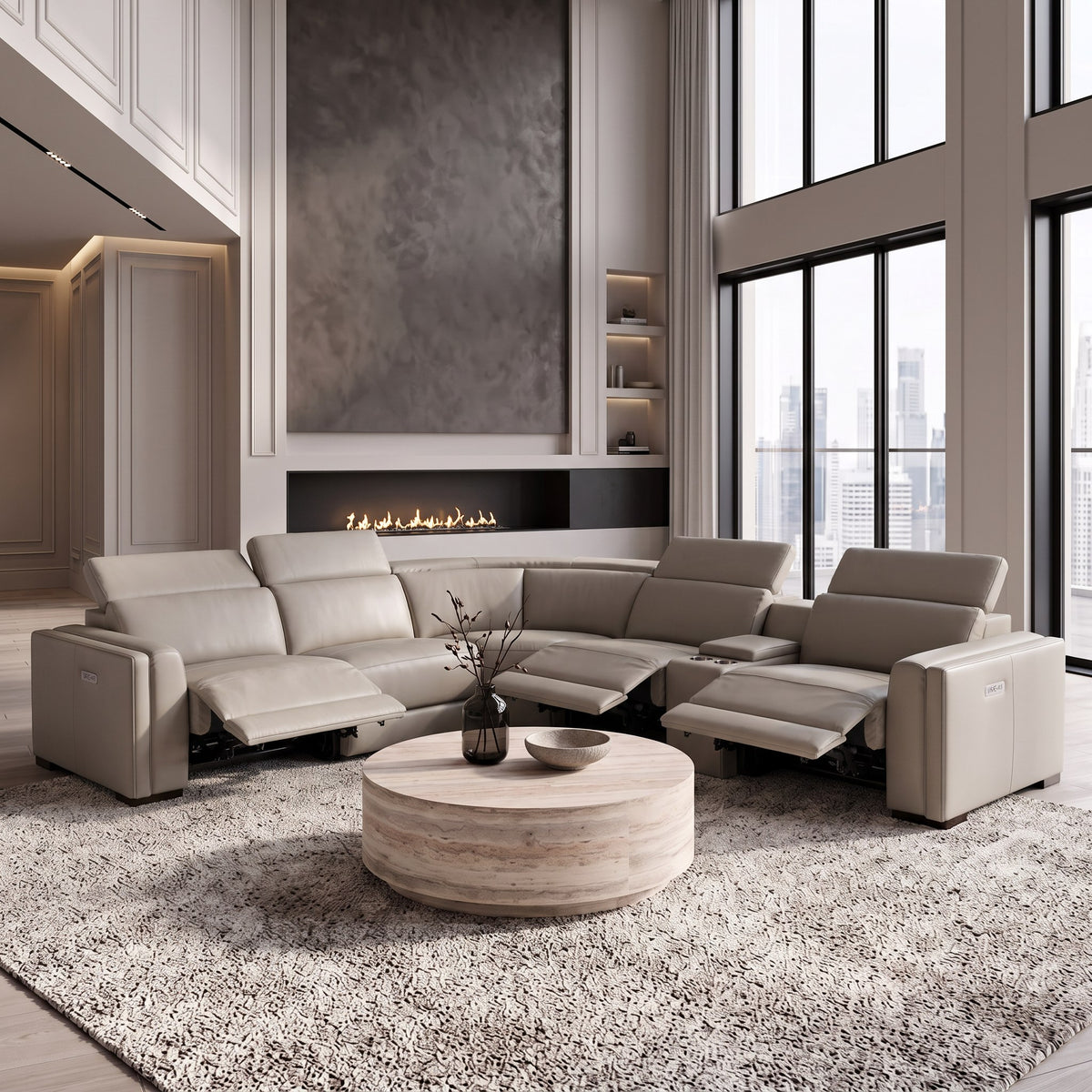 Frazier - Modern Leather Sectional Sofa with 3 Recliners and Console