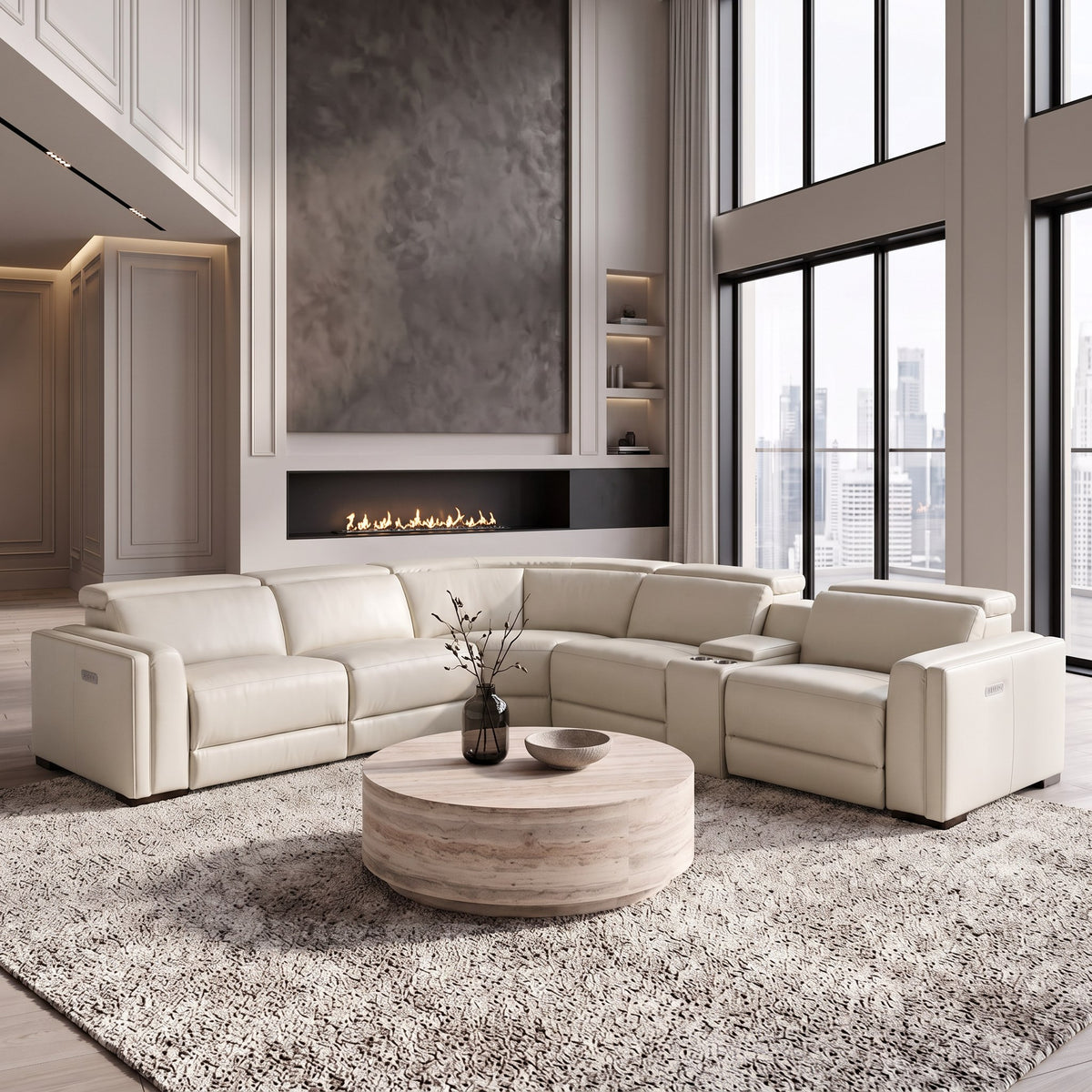 Frazier - Modern Leather Sectional Sofa with 3 Recliners and Console