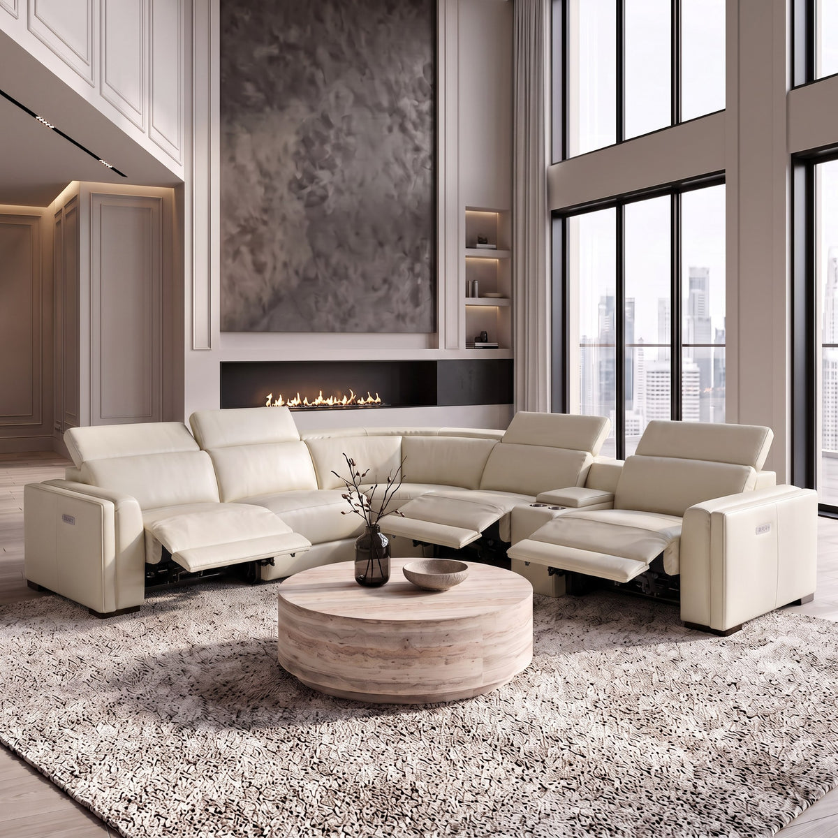 Frazier - Modern Leather Sectional Sofa with 3 Recliners and Console