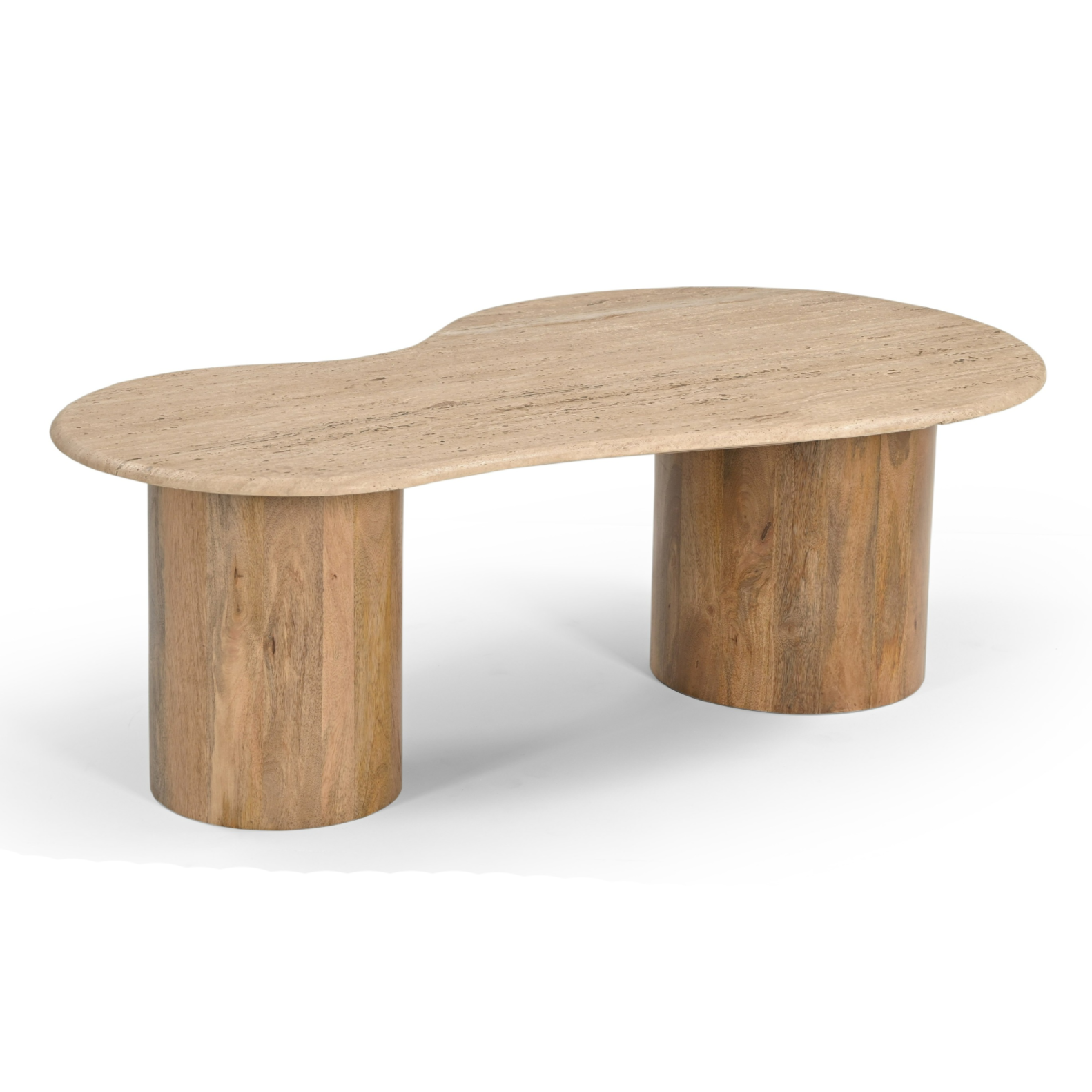 Sanford Modern Travertine Marble and Wood Freeform Coffee Table