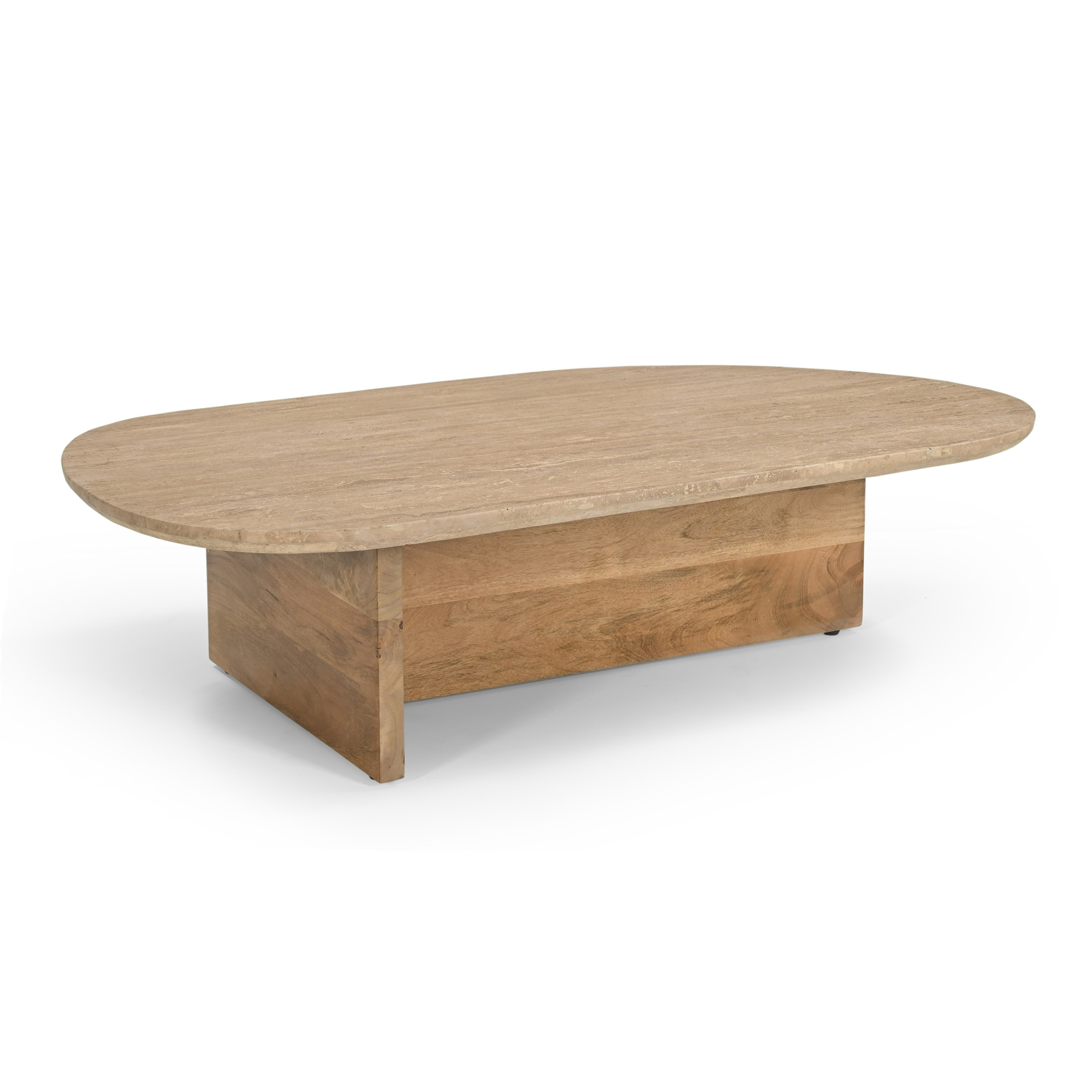 Chisholm Modern Travertine Marble and Wood Freeform Coffee Table