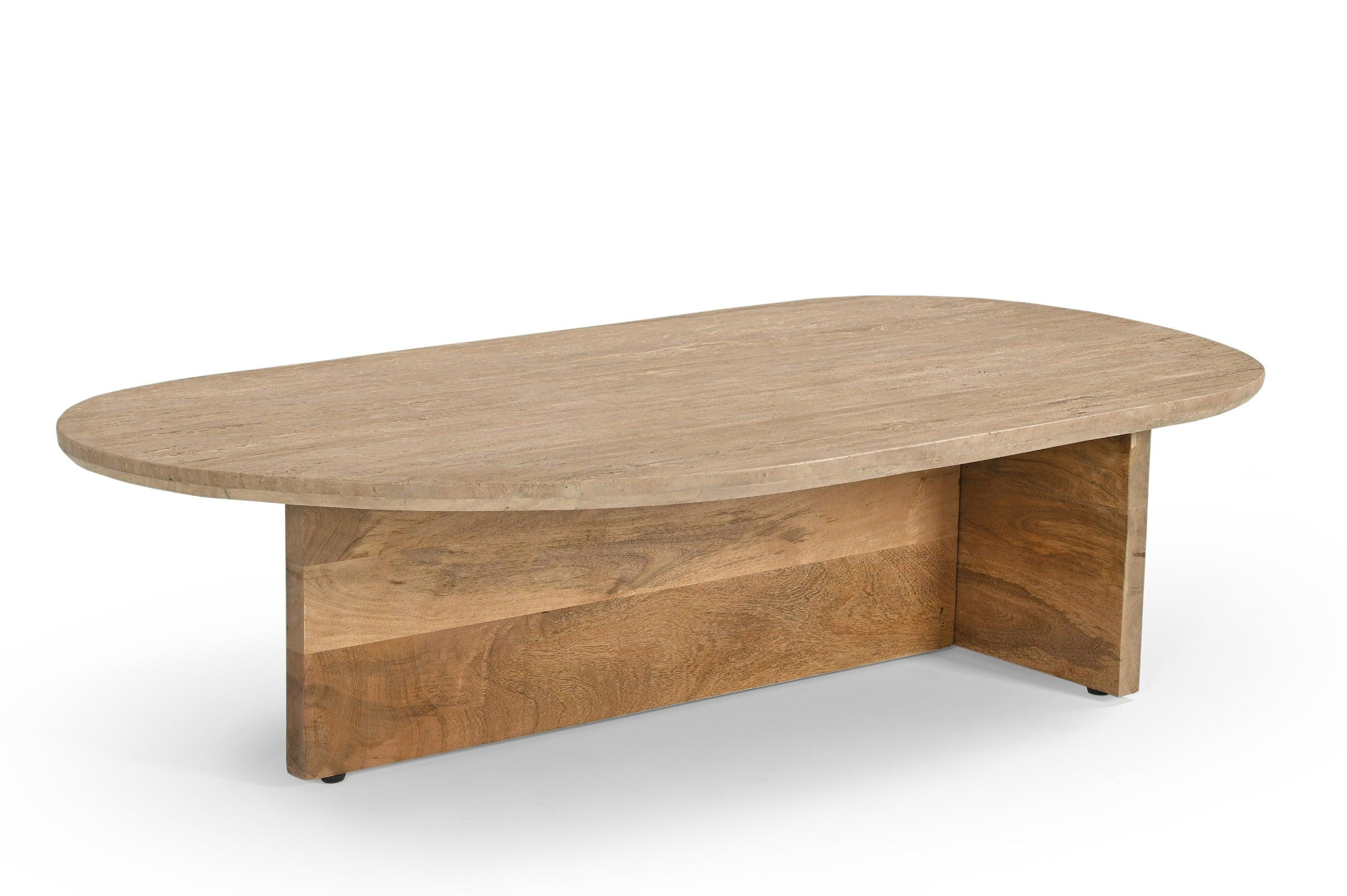 Modrest Chisholm Modern Travertine Marble Wood Freeform Coffee Table
