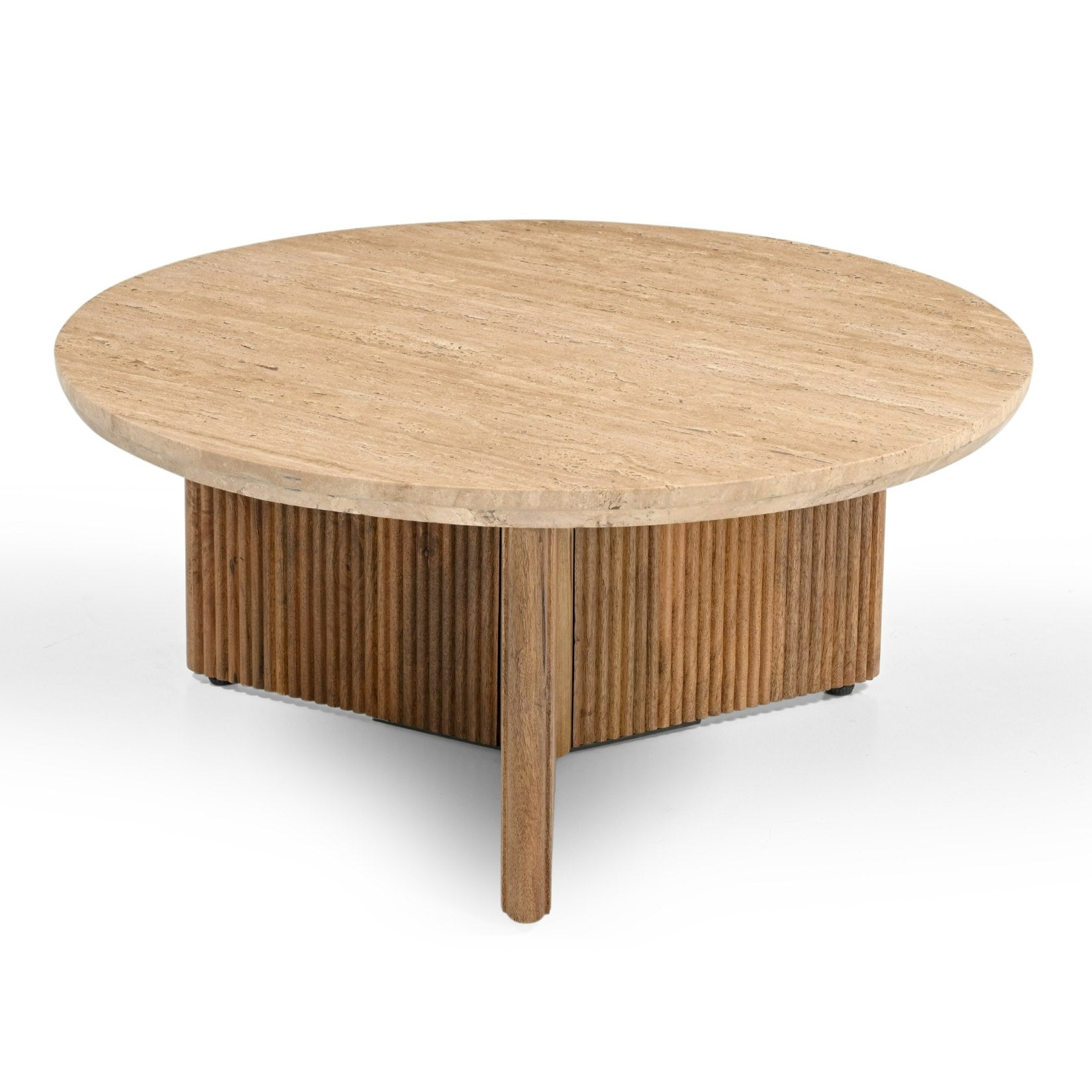 Pawnee Modern Travertine Marble and Wood Round Coffee Table
