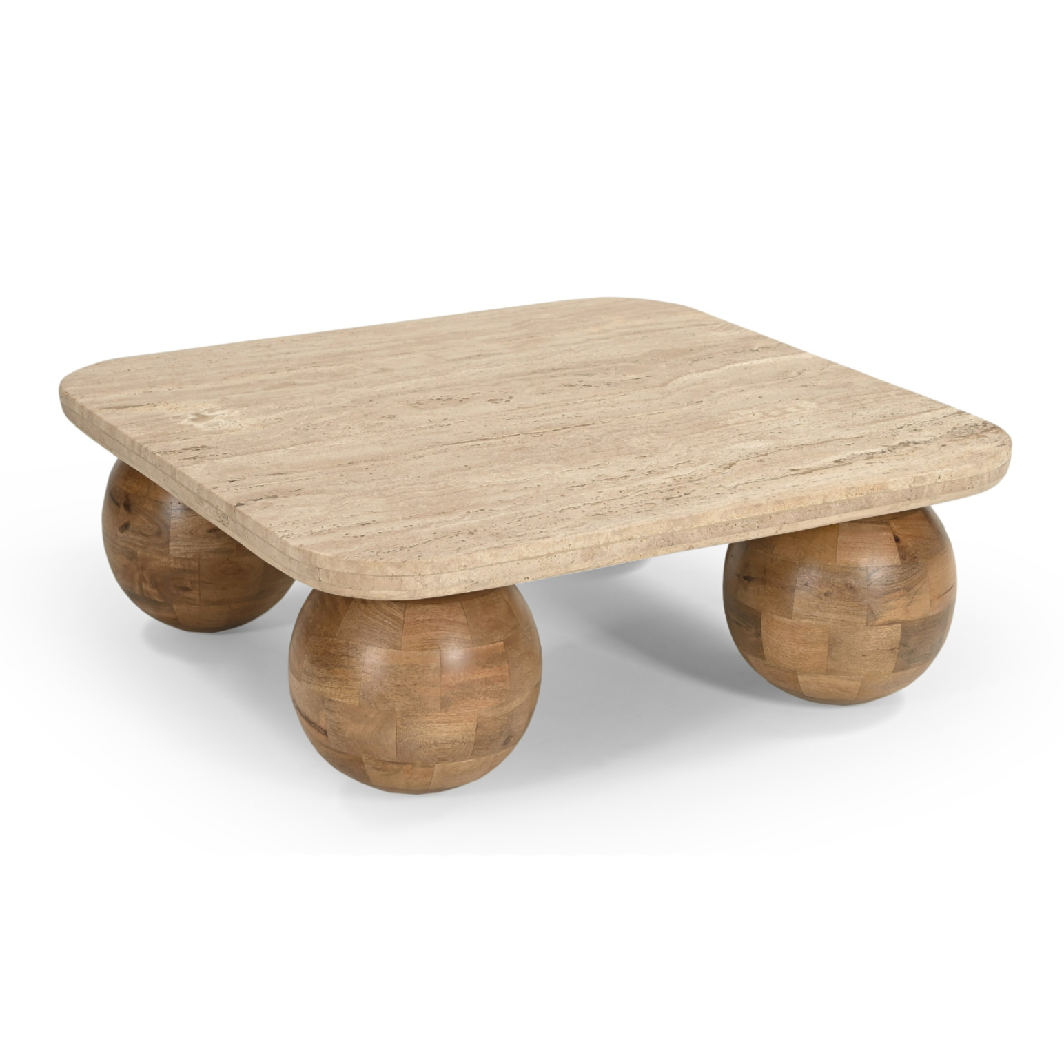 Seadrift Modern Travertine Marble and Wood Square Coffee Table