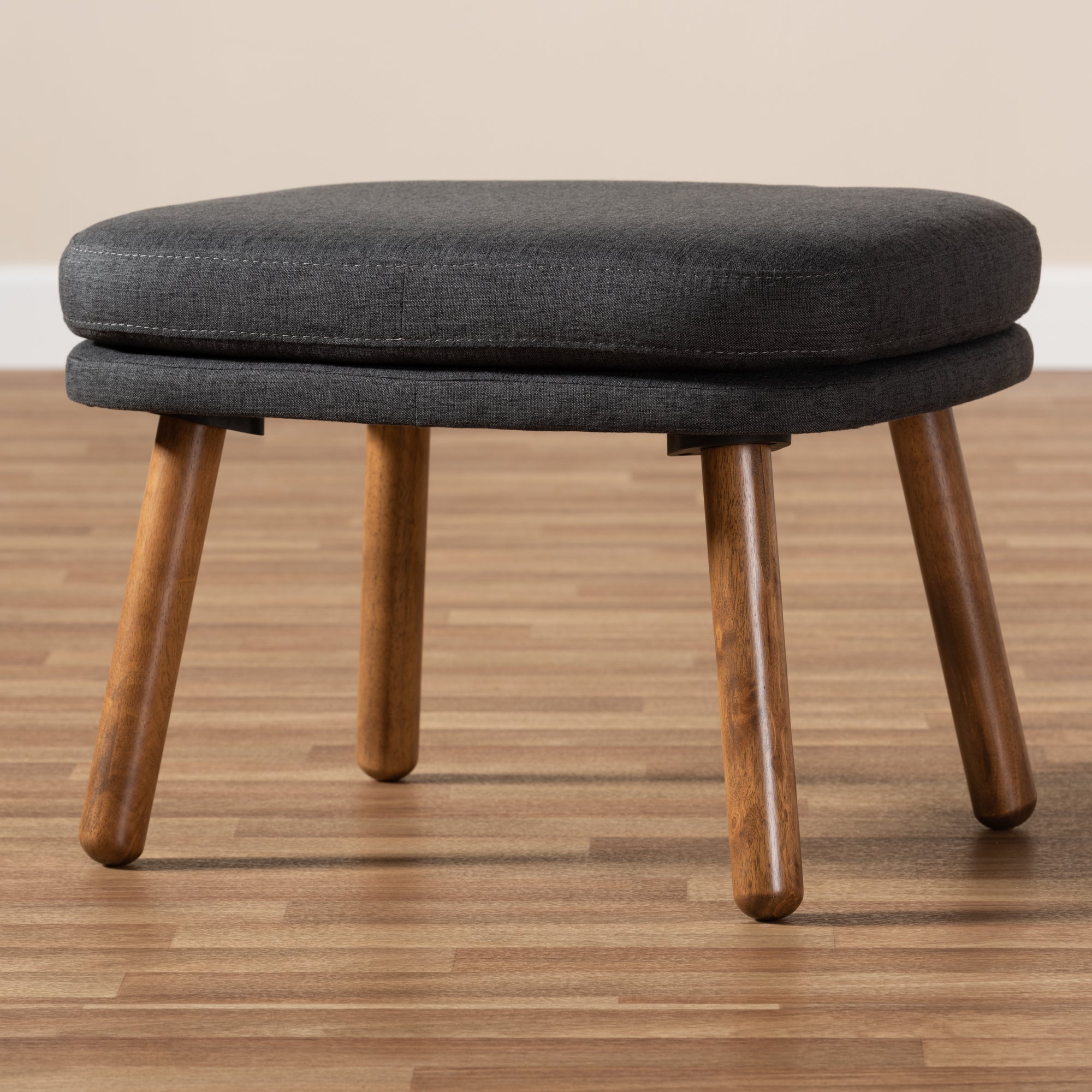 Lovise Mid-Century Modern Fabric Upholstered Finished Wood Ottoman