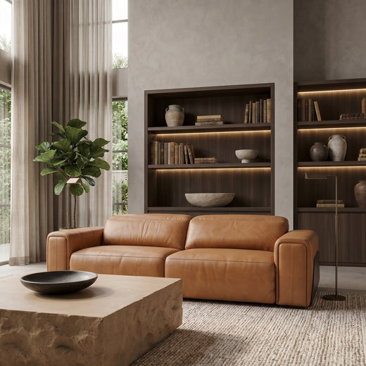 Sandstone Modern Leather Sofa w/ 2 Electric Recliners