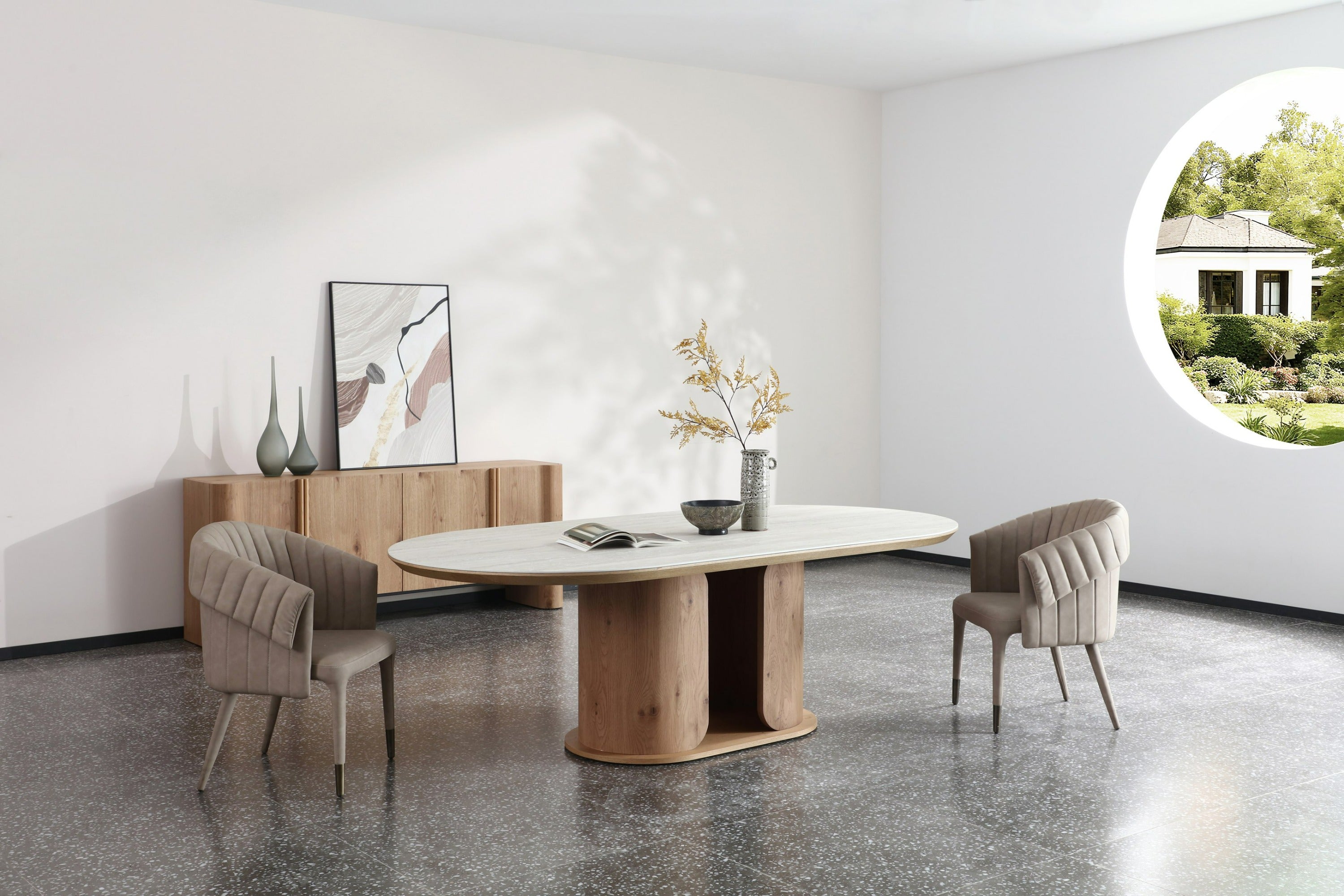 Walbrook Modern Faux Travertine Ceramic and Oval Dining Table