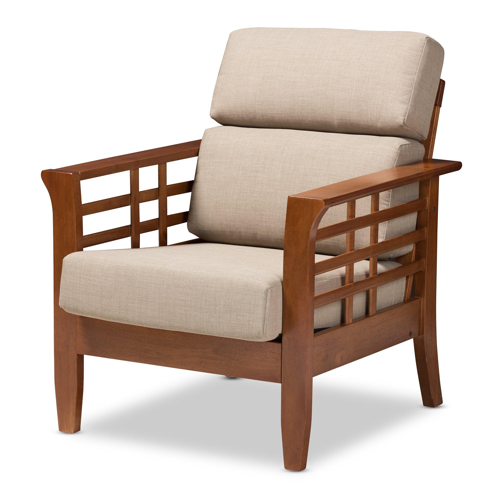 Larissa Modern Classic Mission Style Cherry Finished Wood and Dark Fabric High Back Cushioned Living Room 1-Seater Lounge Chair