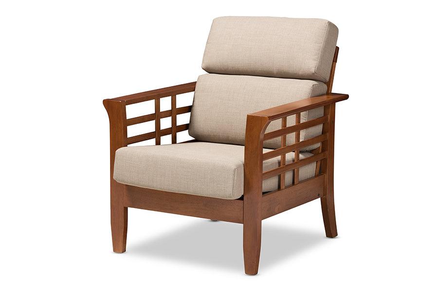 Larissa Modern Classic Mission Style Cherry Finished Wood and Dark Fabric High Back Cushioned Living Room 1-Seater Lounge Chair