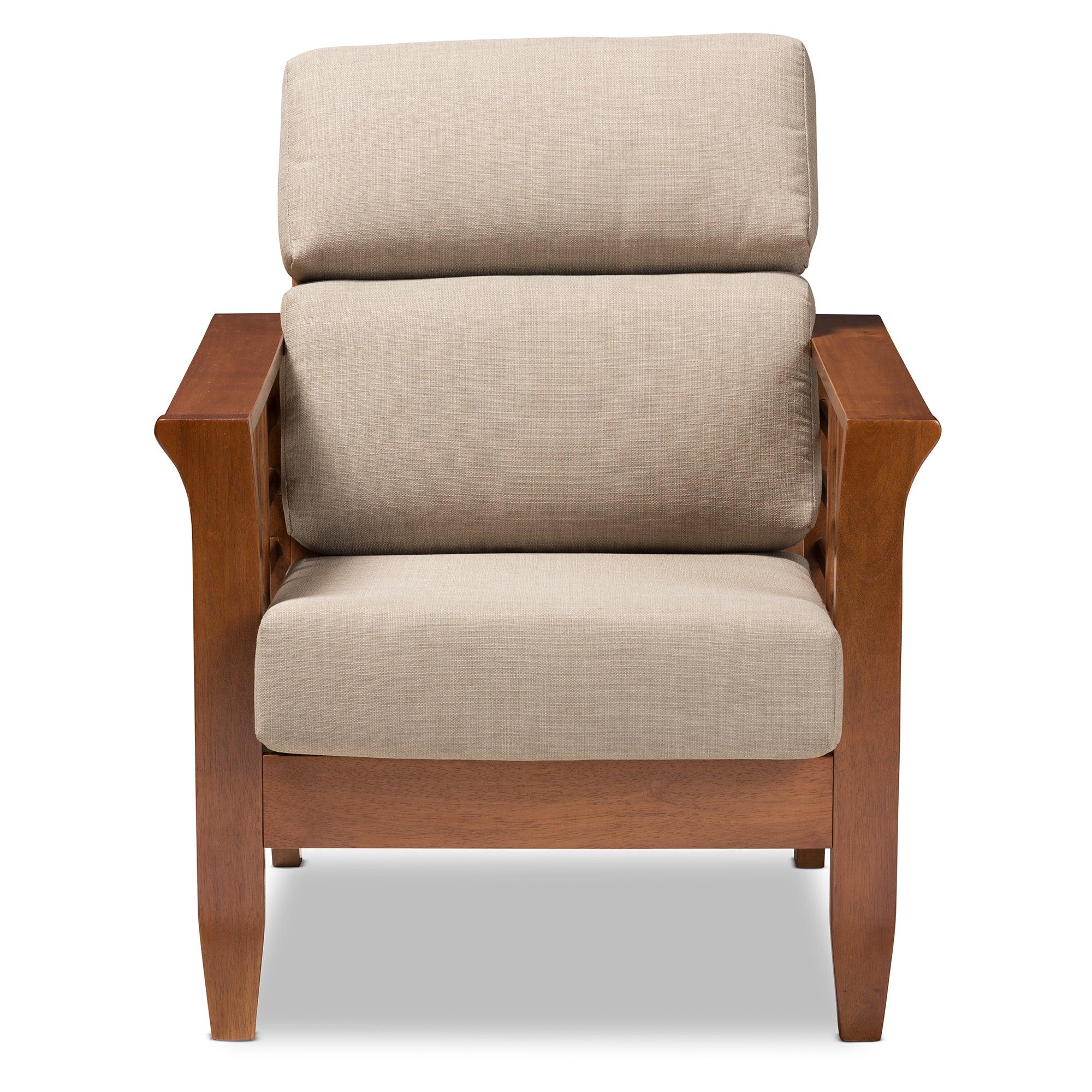 Larissa Modern Classic Mission Style Cherry Finished Wood and Dark Fabric High Back Cushioned Living Room 1-Seater Lounge Chair