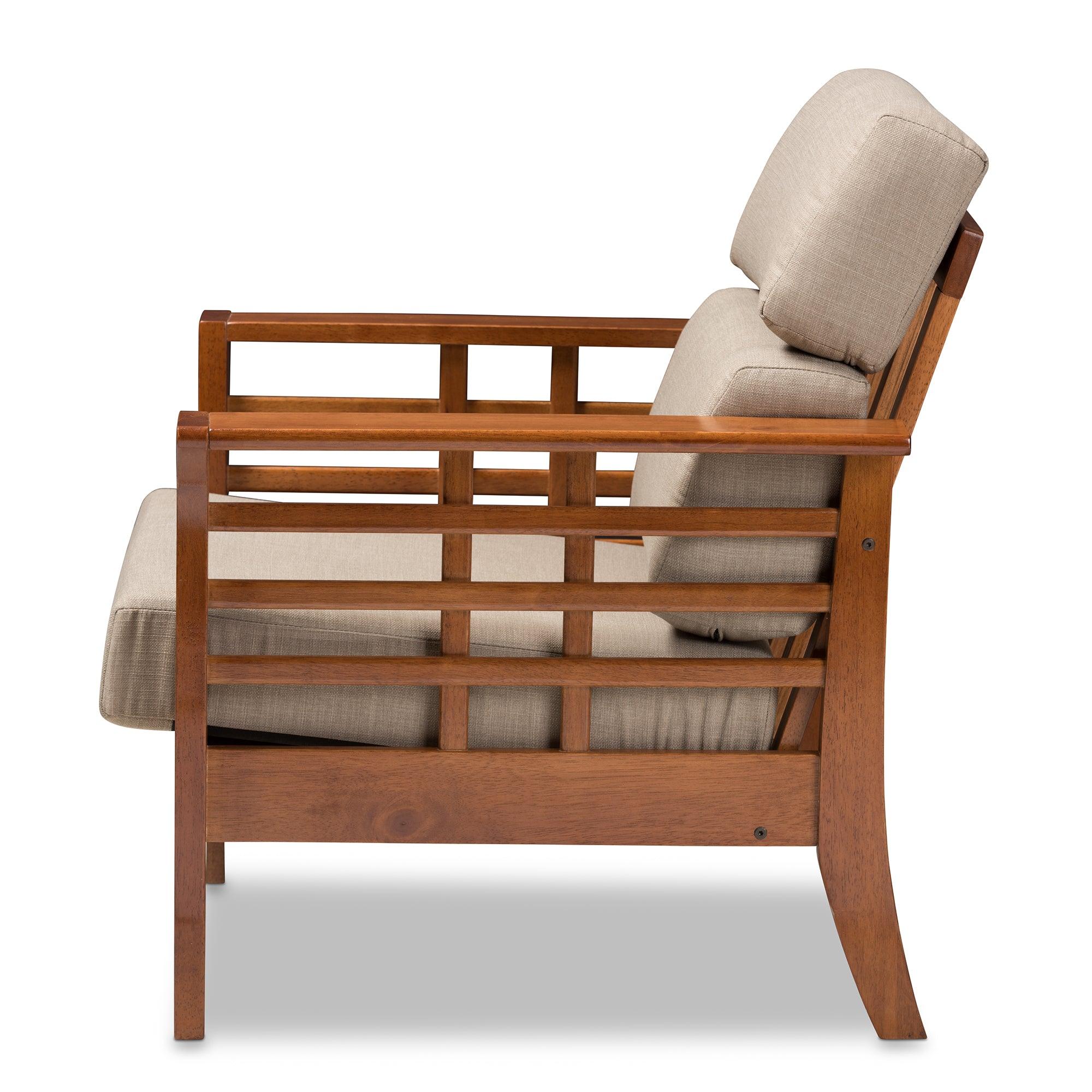 Larissa Modern Classic Mission Style Cherry Finished Wood and Dark Fabric High Back Cushioned Living Room 1-Seater Lounge Chair