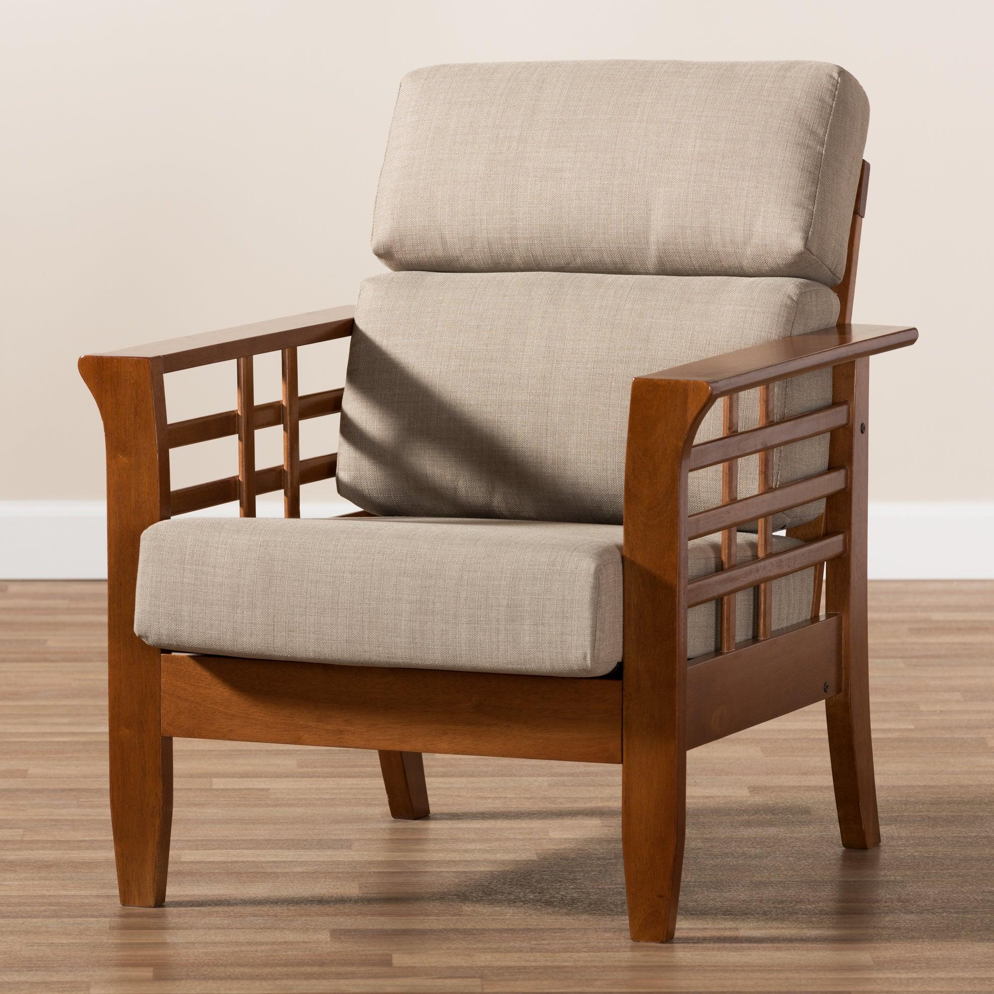 Larissa Modern Classic Mission Style Cherry Finished Wood and Dark Fabric High Back Cushioned Living Room 1-Seater Lounge Chair