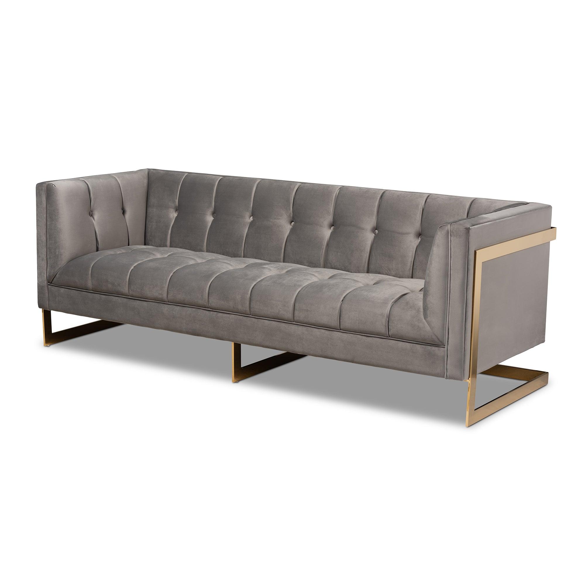 Ambra Glam and Luxe Velvet Fabric Upholstered and Button Tufted Sofa with -Tone Frame