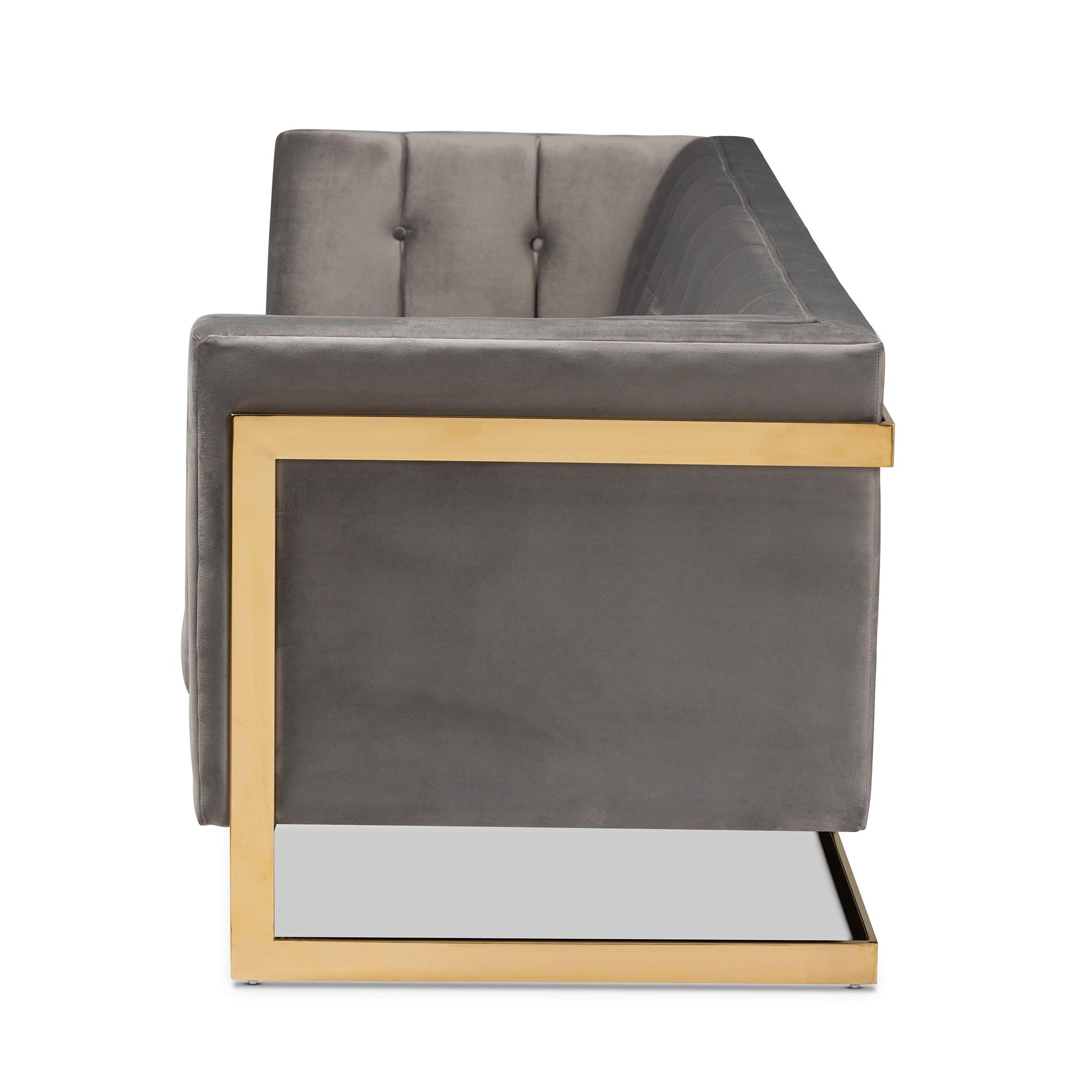 Ambra Glam and Luxe Velvet Fabric Upholstered and Button Tufted Sofa with -Tone Frame