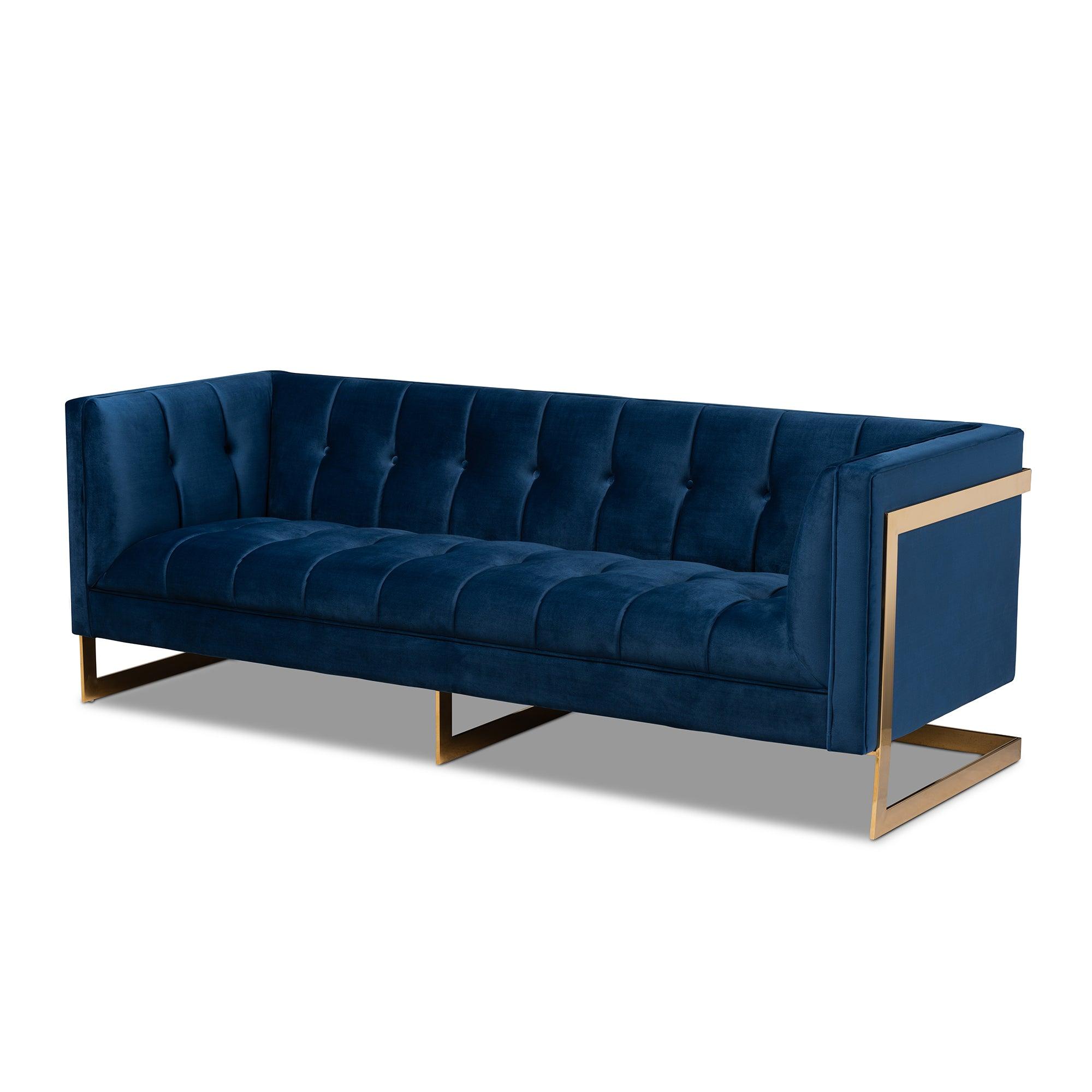 Ambra Glam and Luxe Royal Velvet Fabric Upholstered and Button Tufted Sofa with -Tone Frame