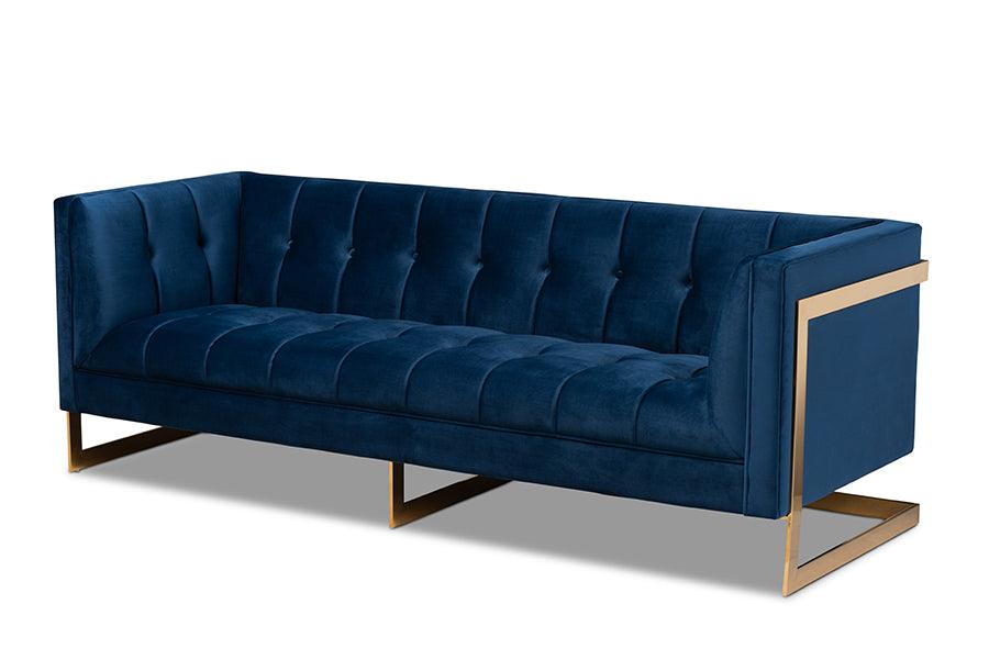 Ambra Glam and Luxe Royal Velvet Fabric Upholstered and Button Tufted Sofa with -Tone Frame