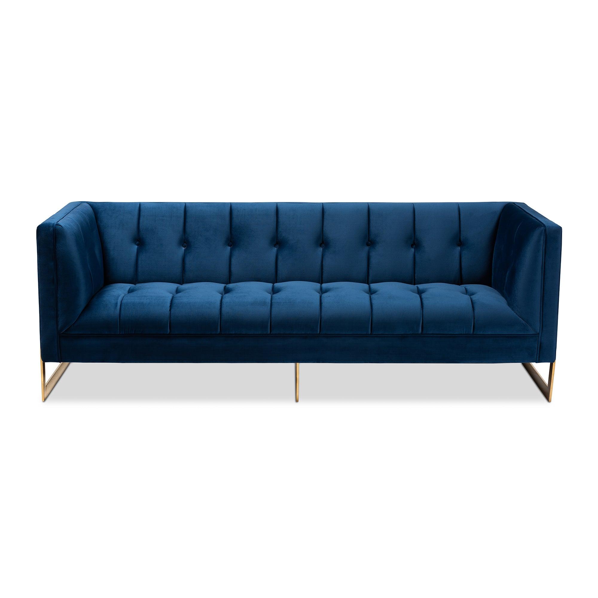 Ambra Glam and Luxe Royal Velvet Fabric Upholstered and Button Tufted Sofa with -Tone Frame