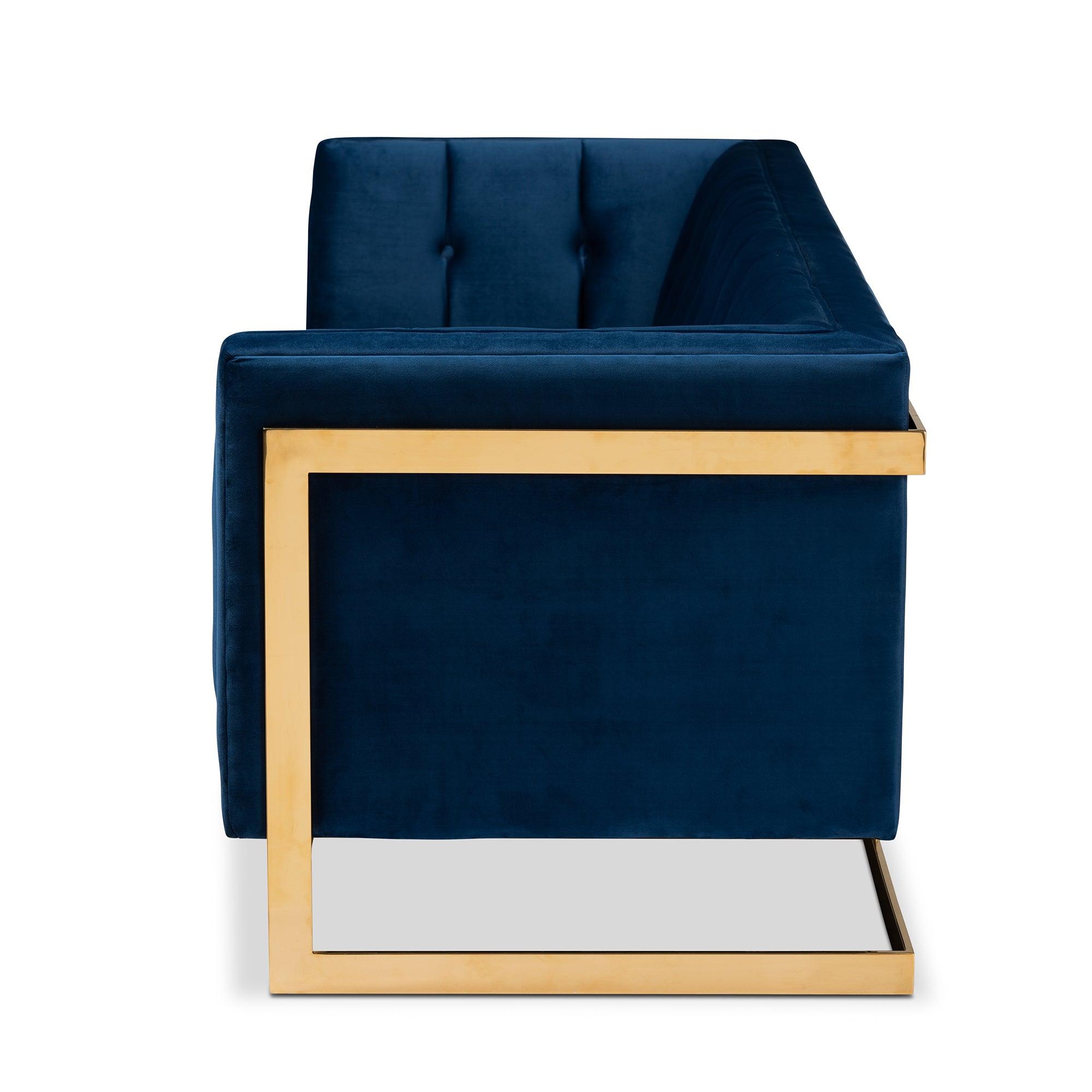 Ambra Glam and Luxe Royal Velvet Fabric Upholstered and Button Tufted Sofa with -Tone Frame