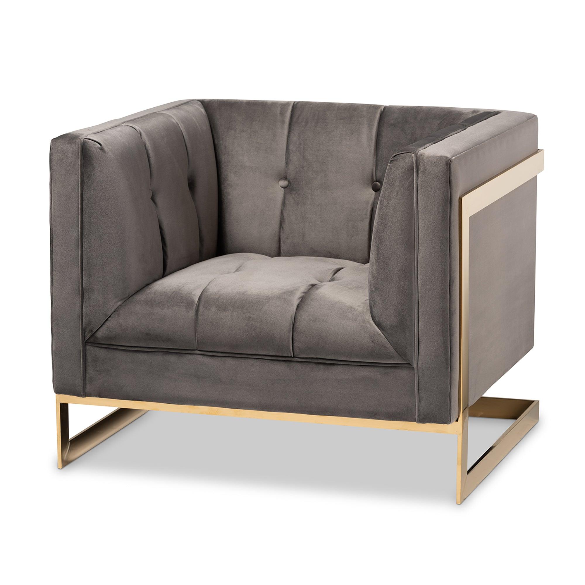 Ambra Glam and Luxe Velvet Fabric Upholstered and Button Tufted Armchair with -Tone Frame