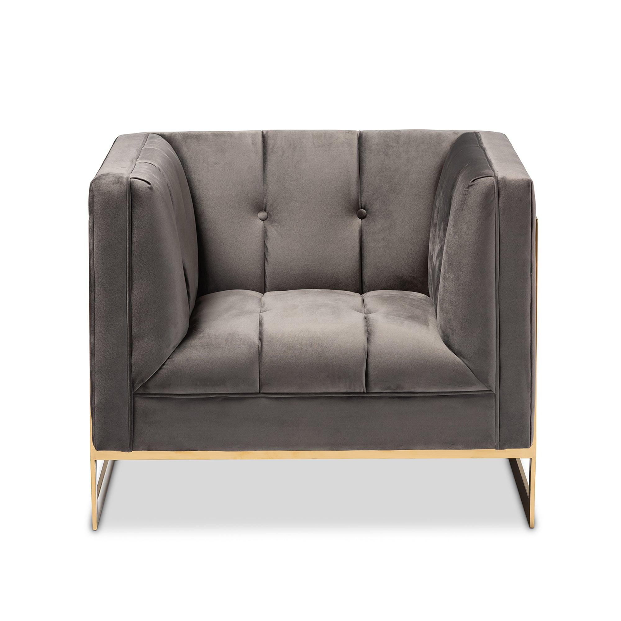 Ambra Glam and Luxe Velvet Fabric Upholstered and Button Tufted Armchair with -Tone Frame