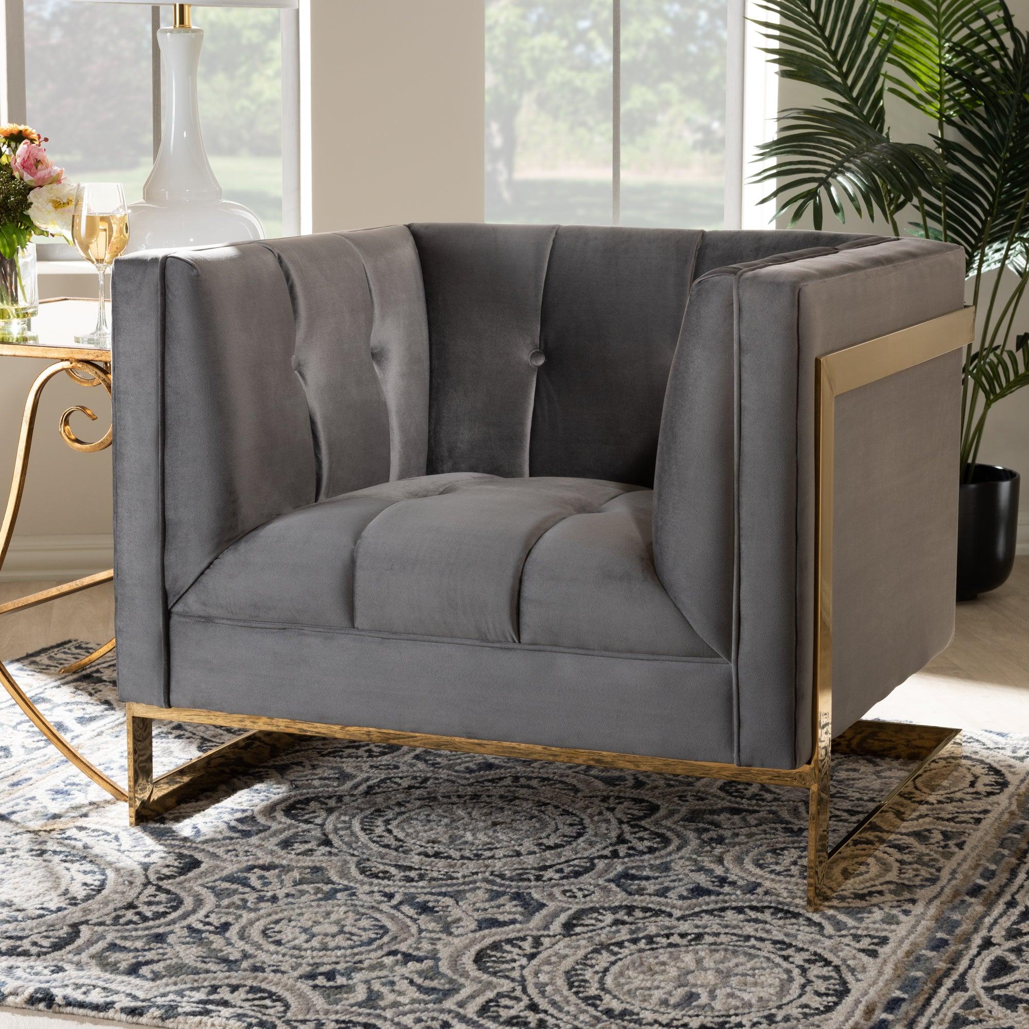 Ambra Glam and Luxe Velvet Fabric Upholstered and Button Tufted Armchair with -Tone Frame